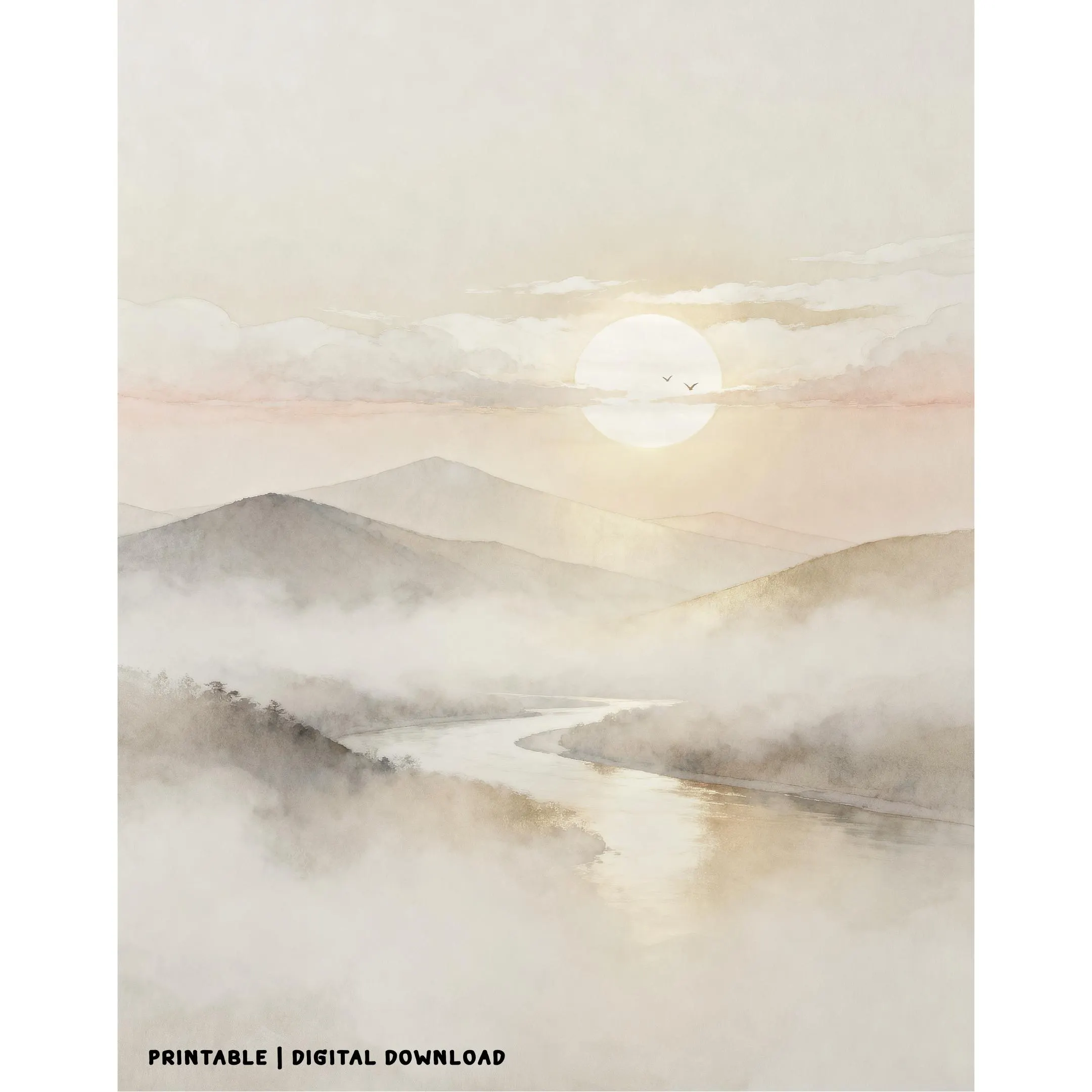 Neutral Mountain River Printable Wall Art, Misty Watercolor Landscape, Japandi Decor Digital Download - image 3