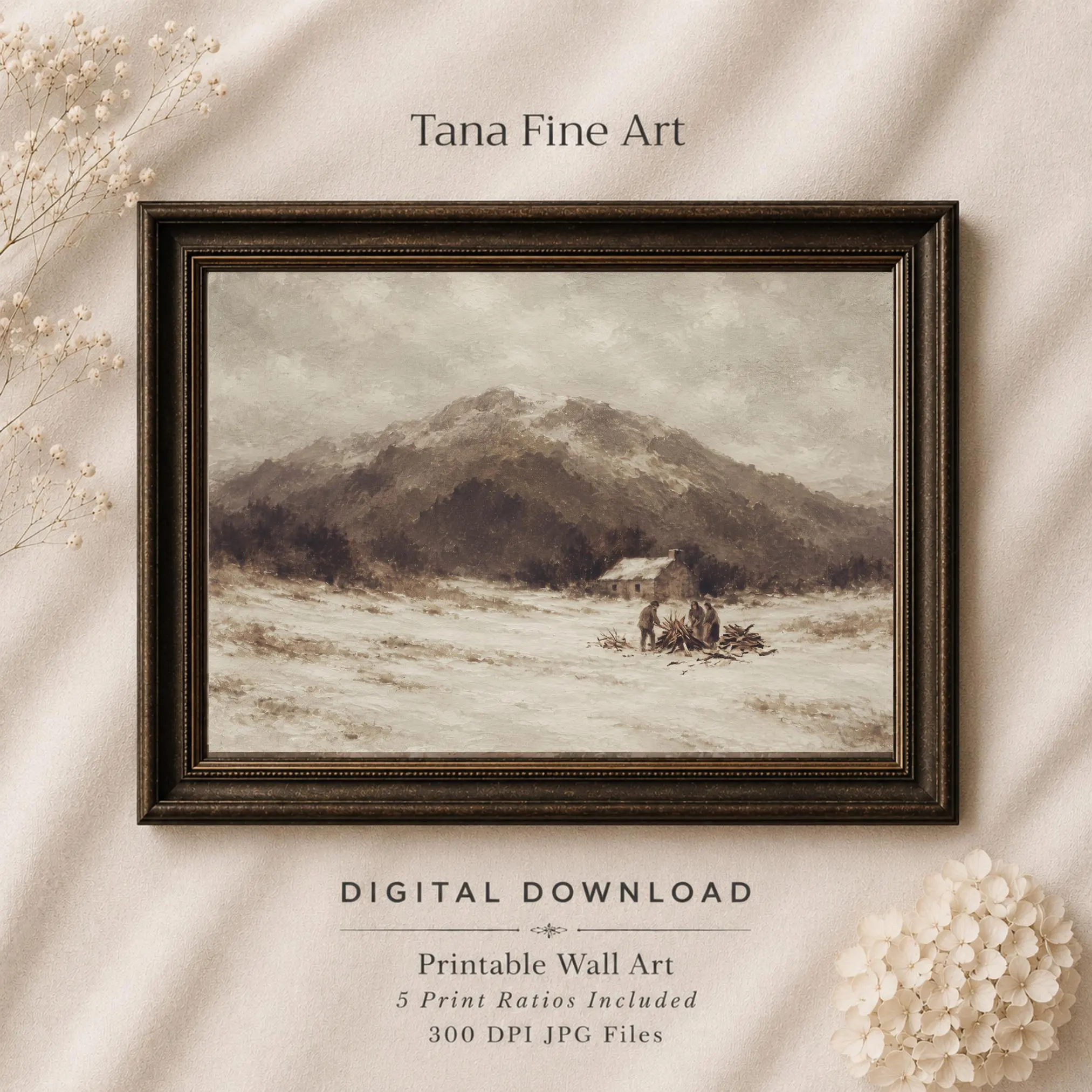 Winter Mountain Cottage Printable Wall Art, Snowy Rural Landscape, Rustic Decor Digital Download