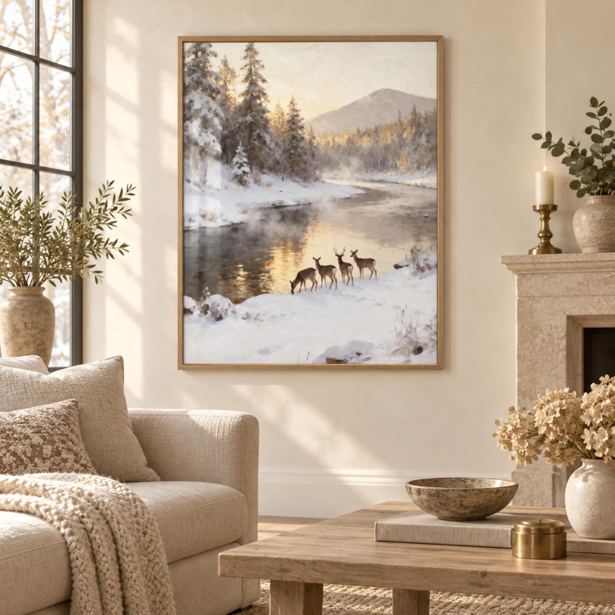 Winter Deer Printable Wall Art, Snowy River Landscape, Rustic Woodland Decor Digital Download - image 3