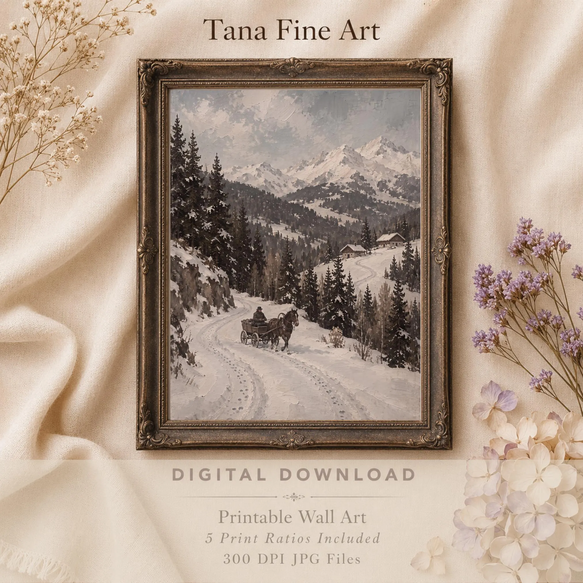 Winter Mountain Printable Wall Art, Horse and Wagon Scene, Rustic Cabin Decor Digital Download