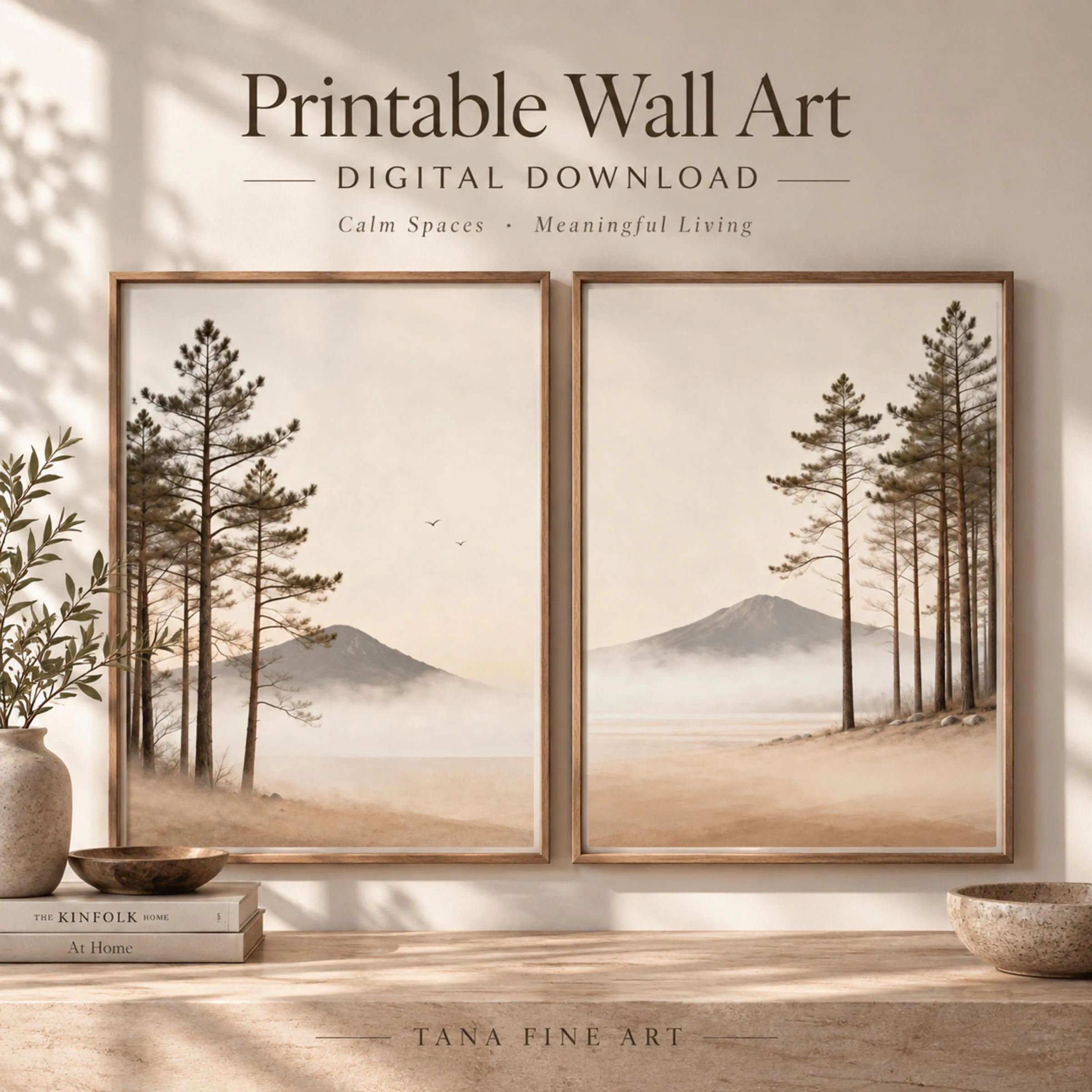 Neutral Mountain Wall Art | Set of 2 Prints | Misty Pine Landscape | Printable Digital Download