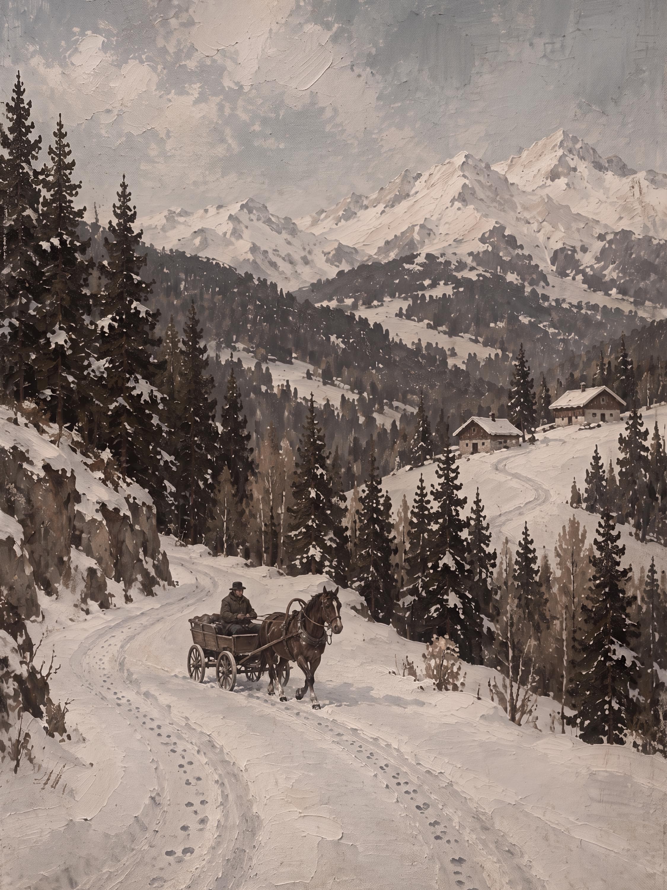 Winter Mountain Printable Wall Art, Horse and Wagon Scene, Rustic Cabin Decor Digital Download - image 3
