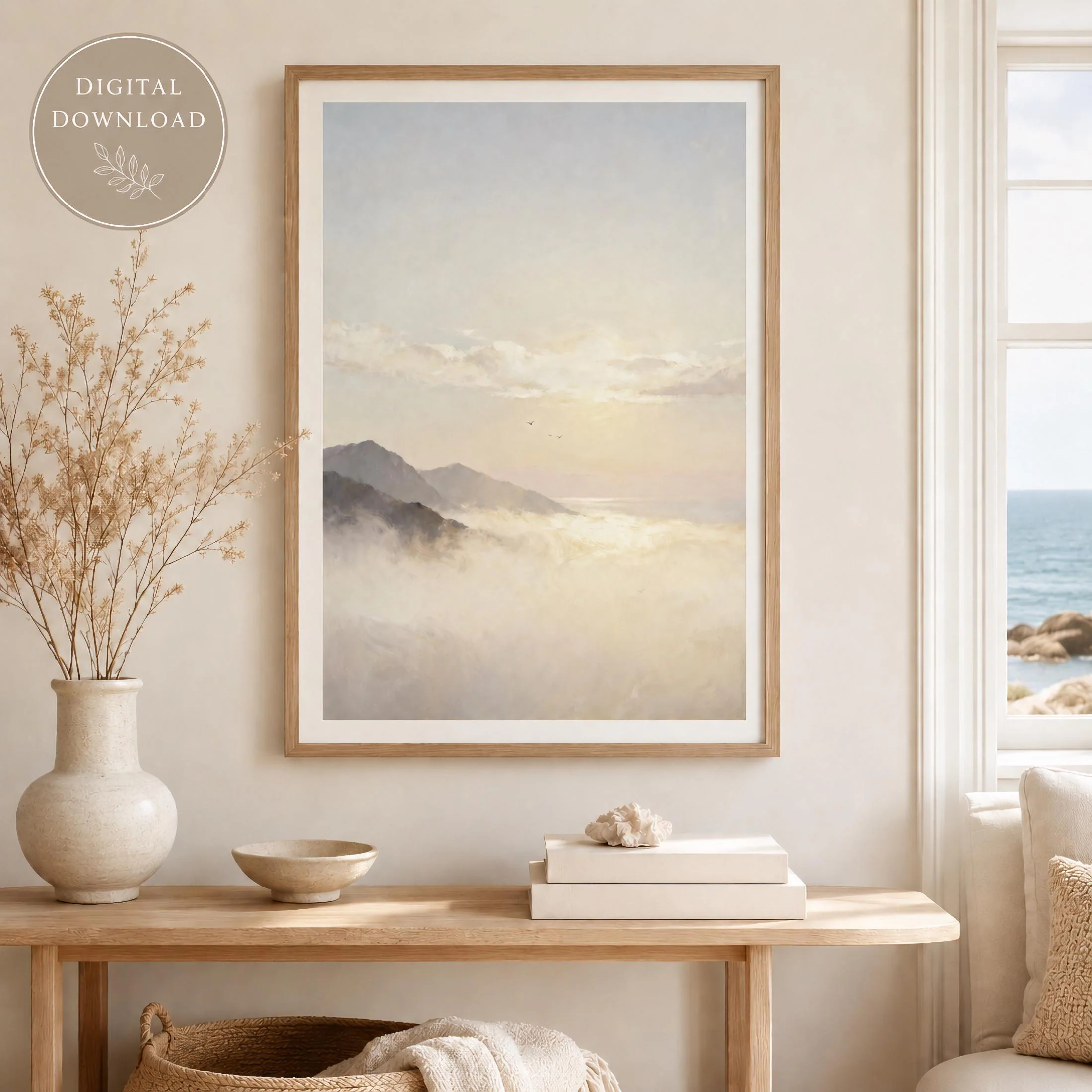 Neutral Coastal Printable Wall Art, Soft Ocean Landscape, Serene Bedroom Decor Digital Download