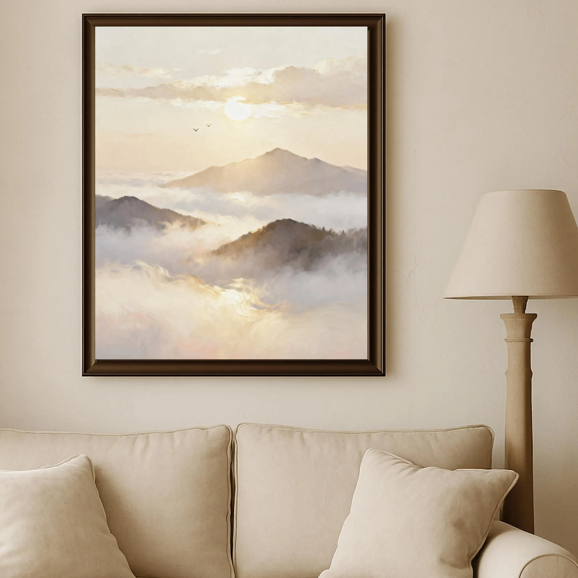 Printable Foggy Mountain Wall Art, Mountain Sunrise Decor, Digital Download