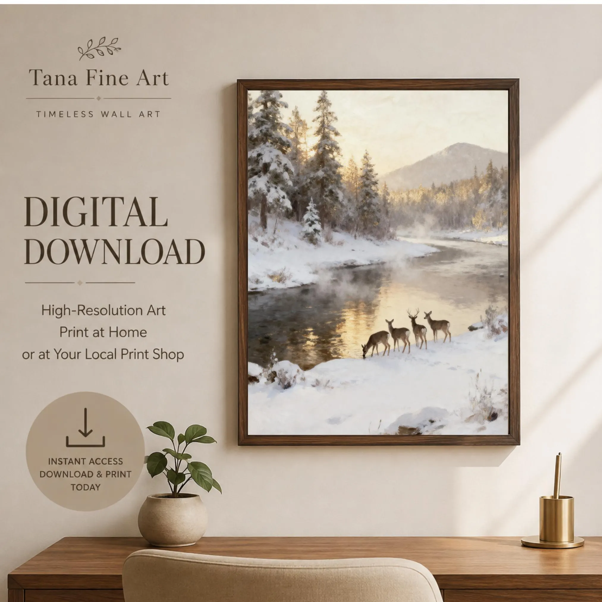 Winter Deer Printable Wall Art, Snowy River Landscape, Rustic Woodland Decor Digital Download - image 4