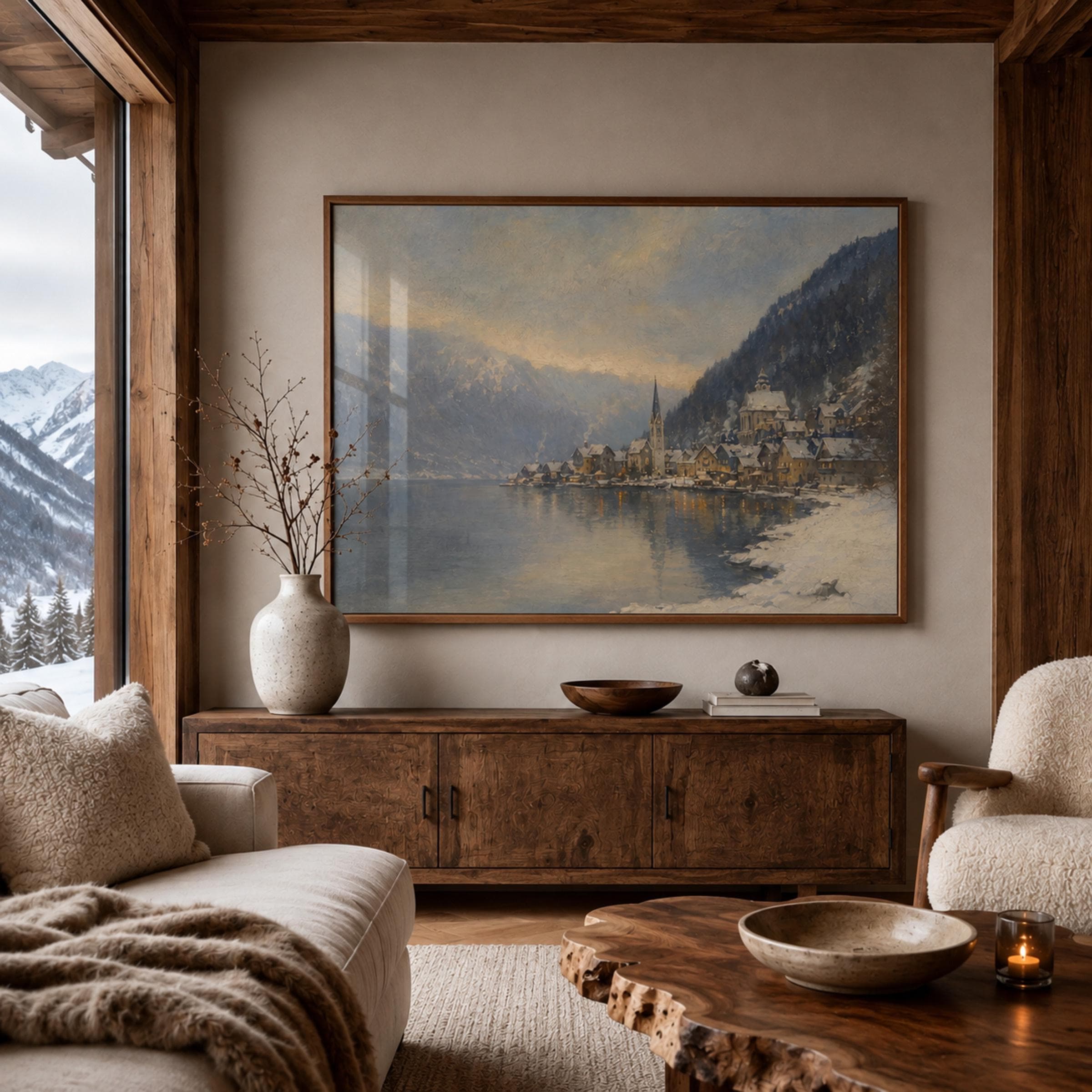 Winter Village Wall Art | Hallstatt Austria Inspired Lake Scene | Printable Digital Download - image 4