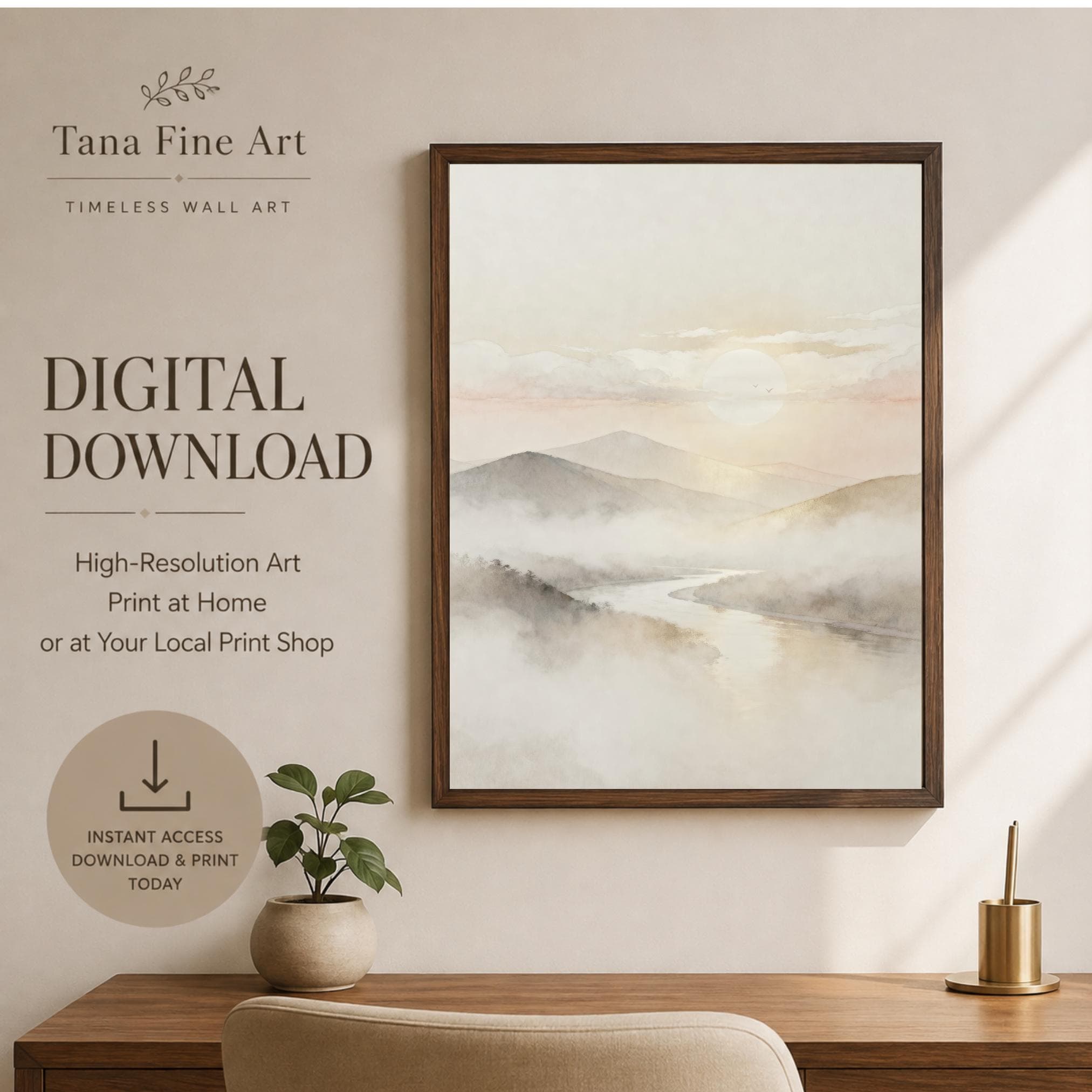 Neutral Mountain River Printable Wall Art, Misty Watercolor Landscape, Japandi Decor Digital Download - image 4