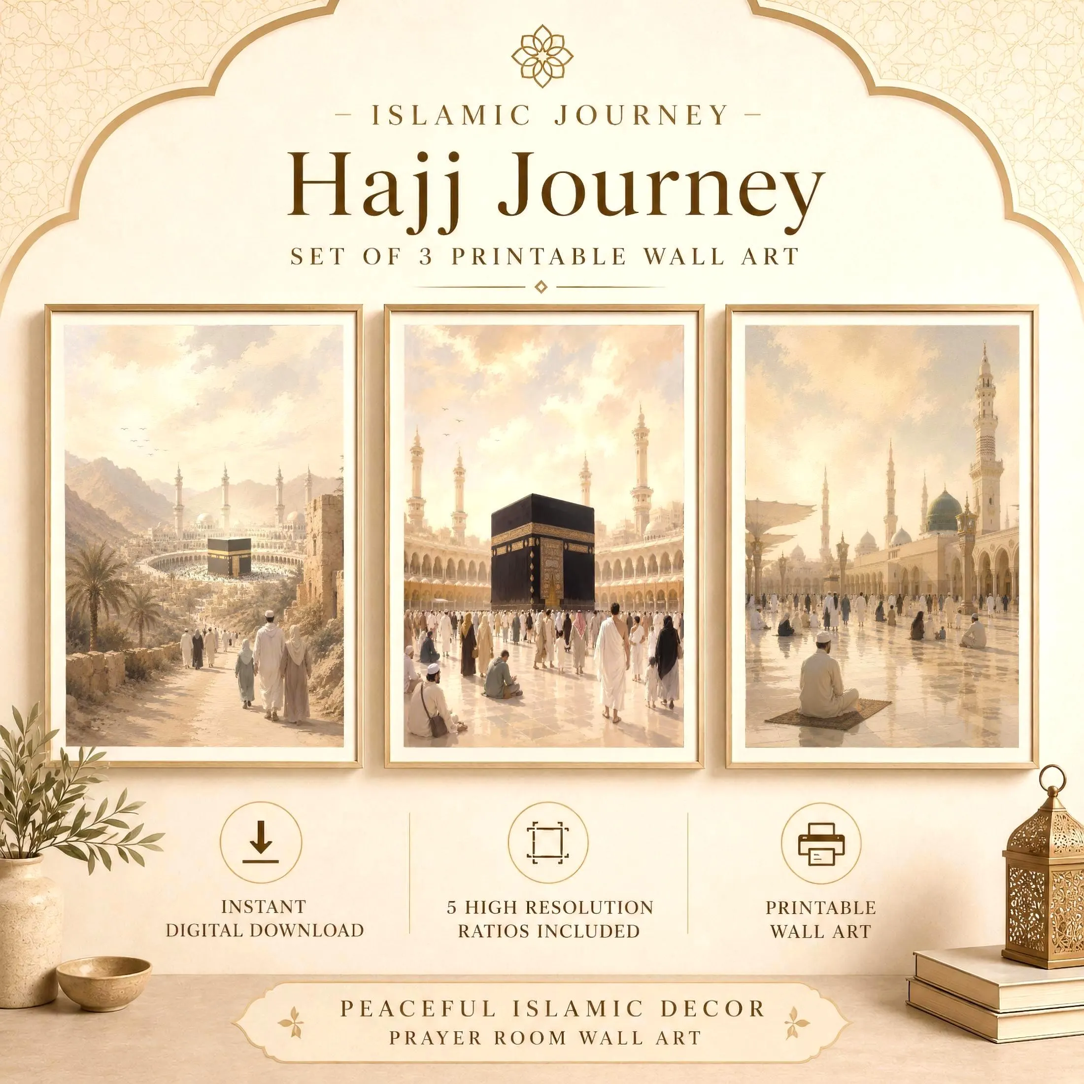 Islamic Wall Art Set of 3, Mecca Medina Printable Mosque Decor Digital Download