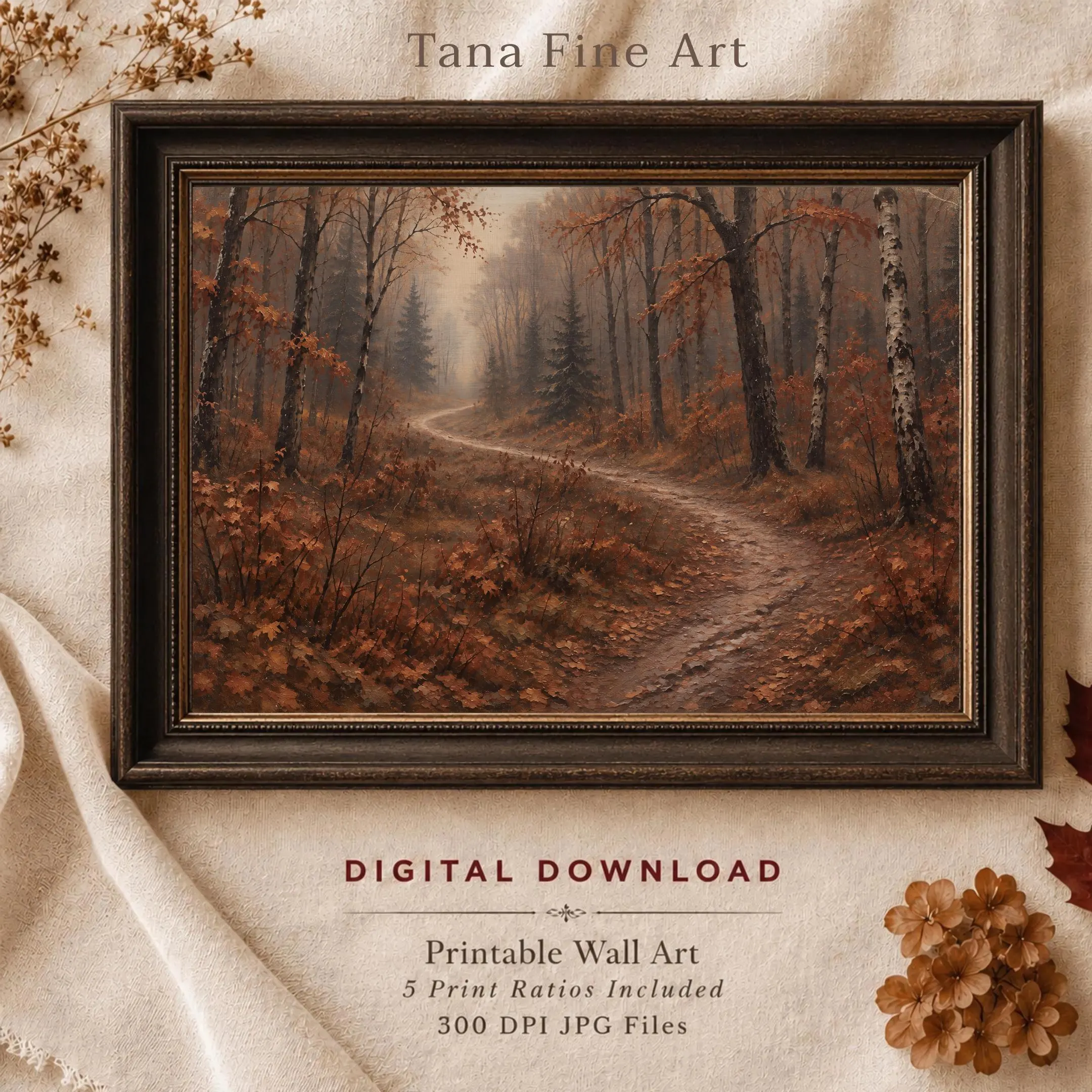 Autumn Forest Path Wall Art, Vintage Style Woodland Landscape, Burnt Orange Digital Download