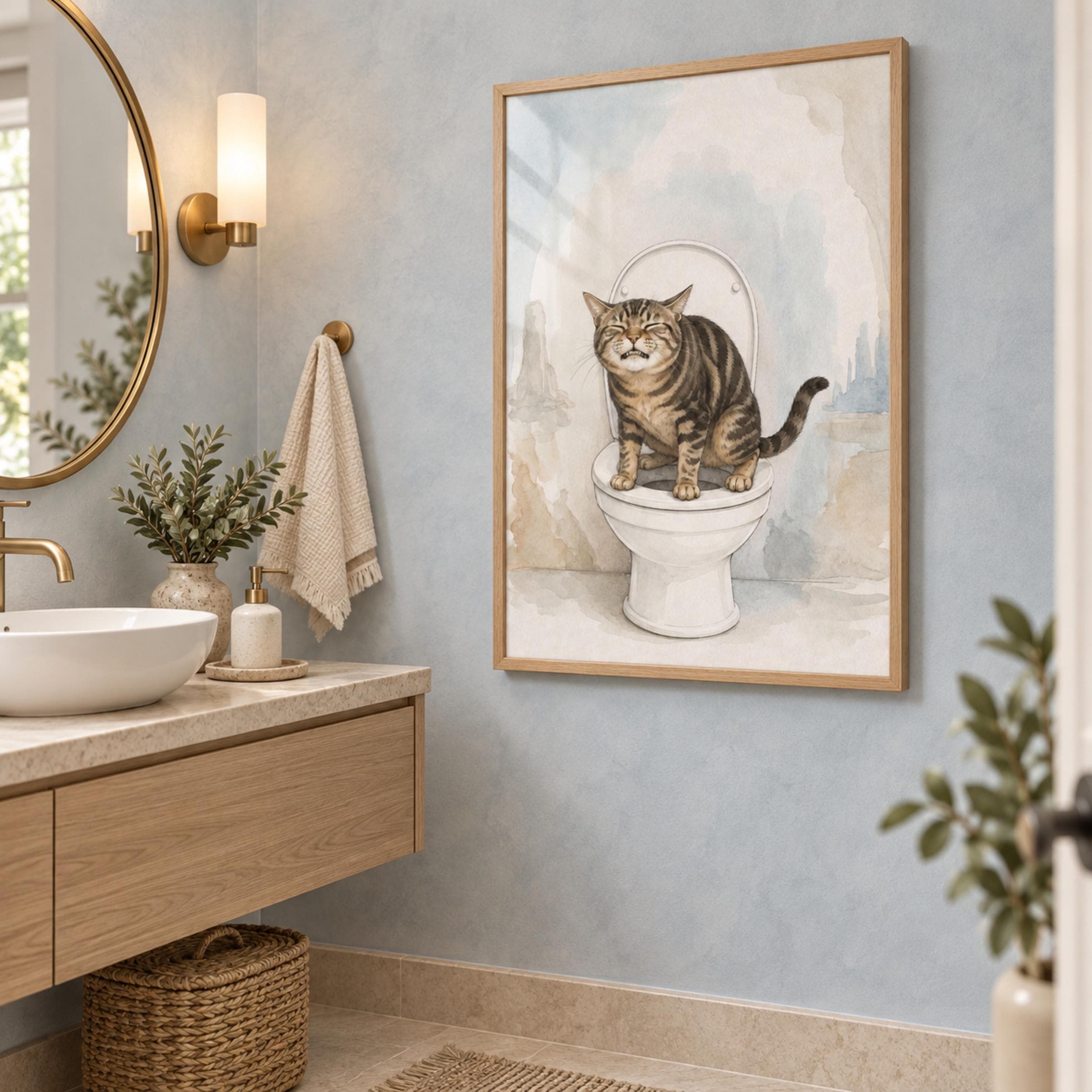 Funny Cat Bathroom Wall Art, Tabby Cat Toilet Print, Watercolor Style Decor Digital Download - image 5