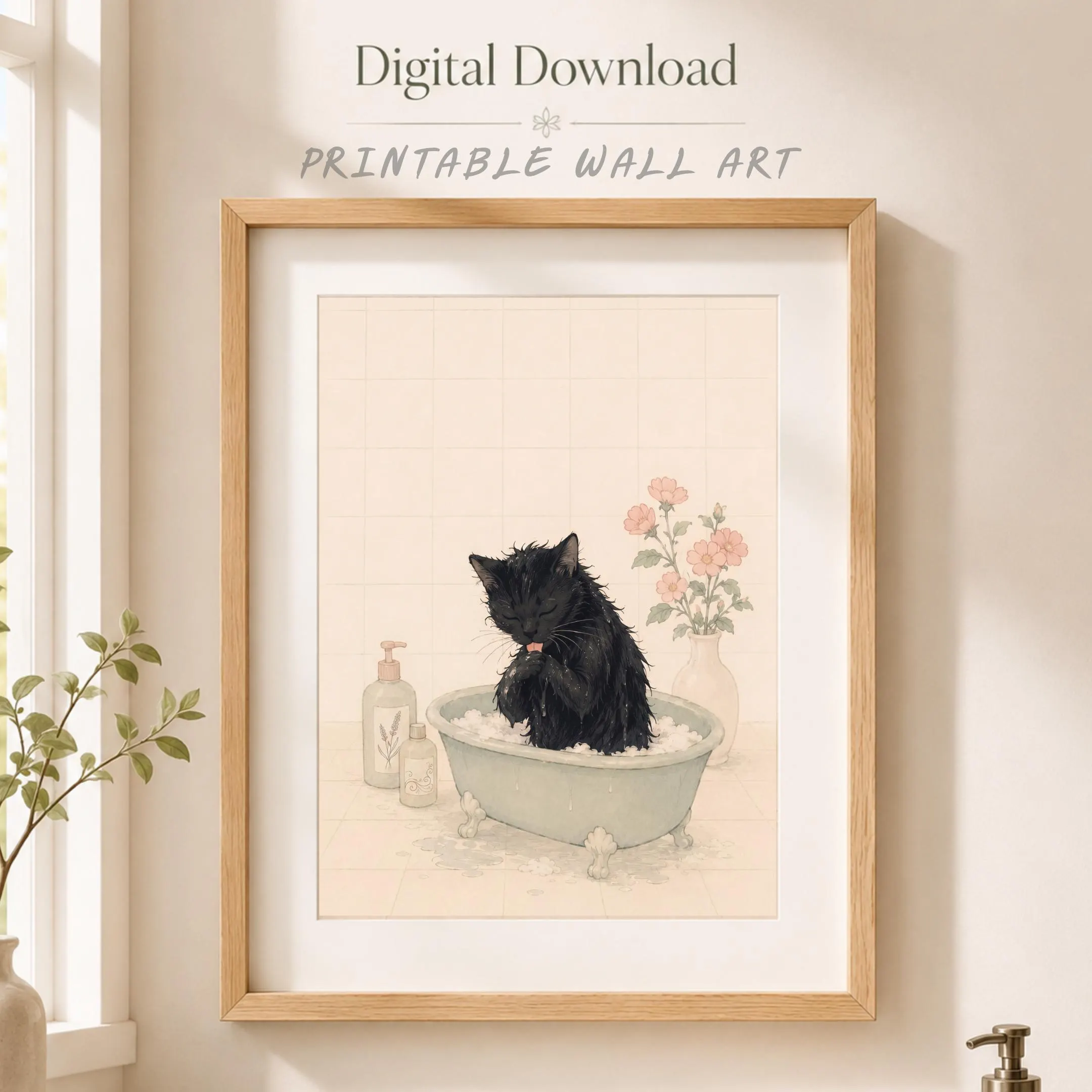 Bathroom Wall Art, Funny Black Cat Bath Print, Bathroom Decor, Printable Digital Download