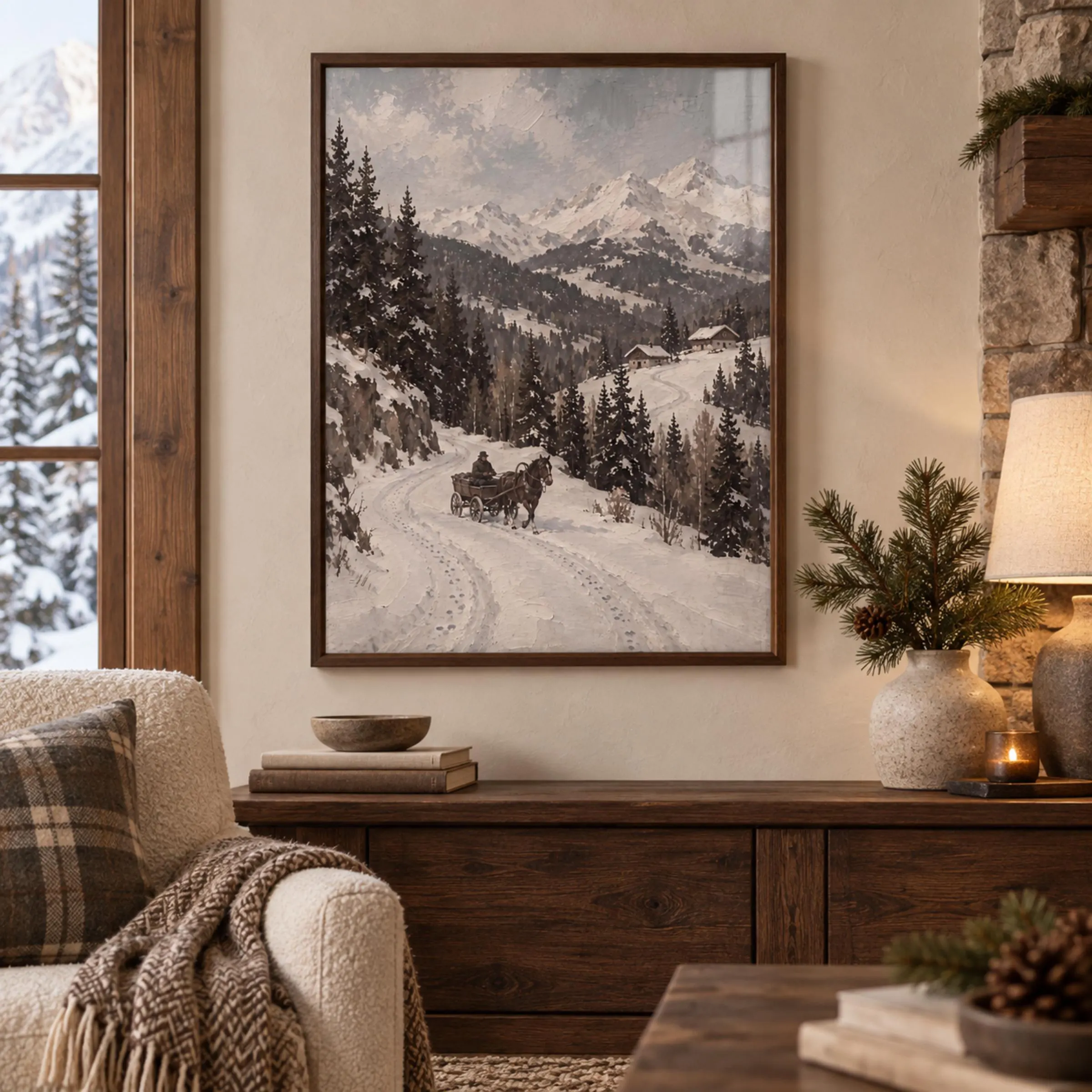 Winter Mountain Printable Wall Art, Horse and Wagon Scene, Rustic Cabin Decor Digital Download - image 4