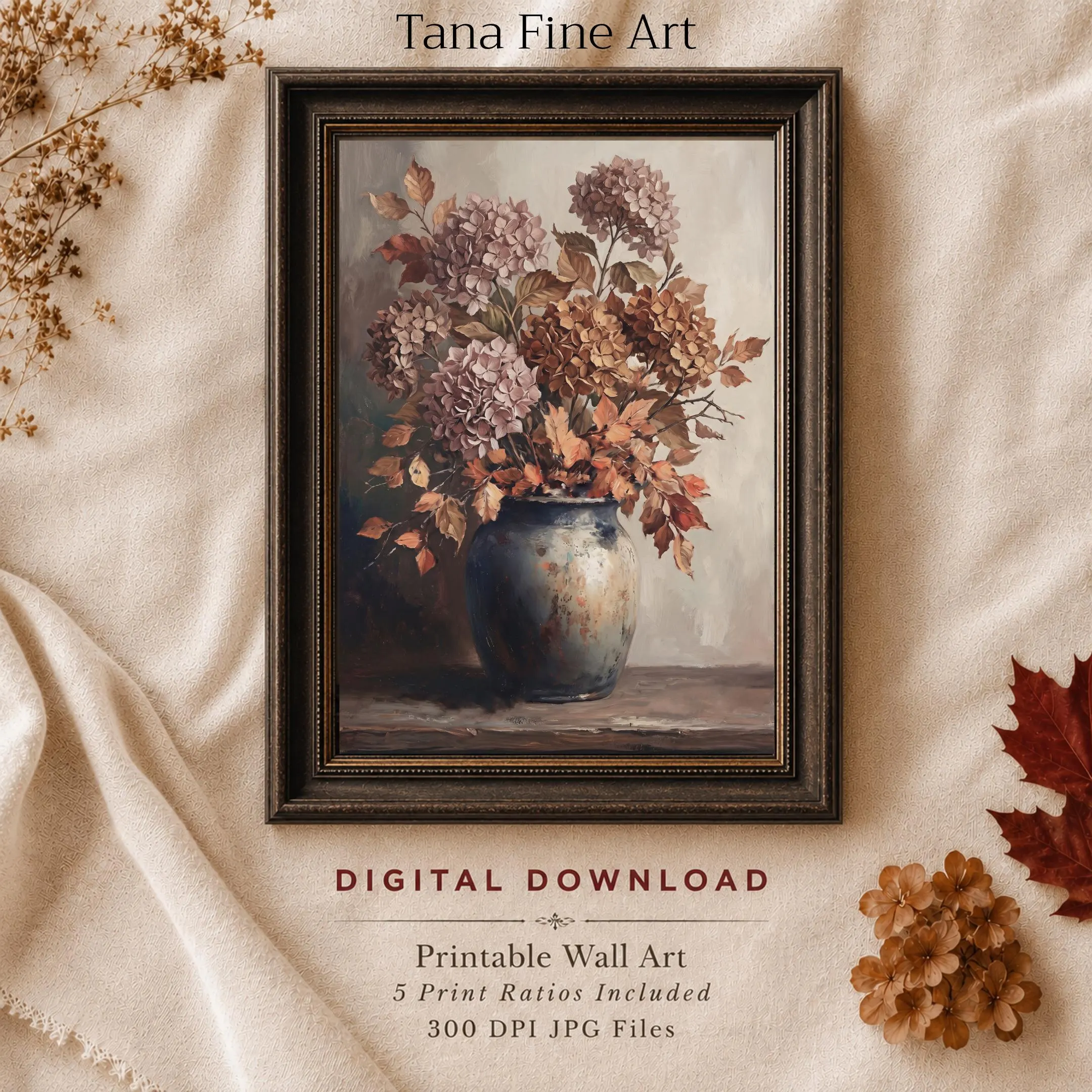Hydrangea Fall Wall Art, Mauve Autumn Floral Vase, Moody Cottage Still Life (Digital Download)