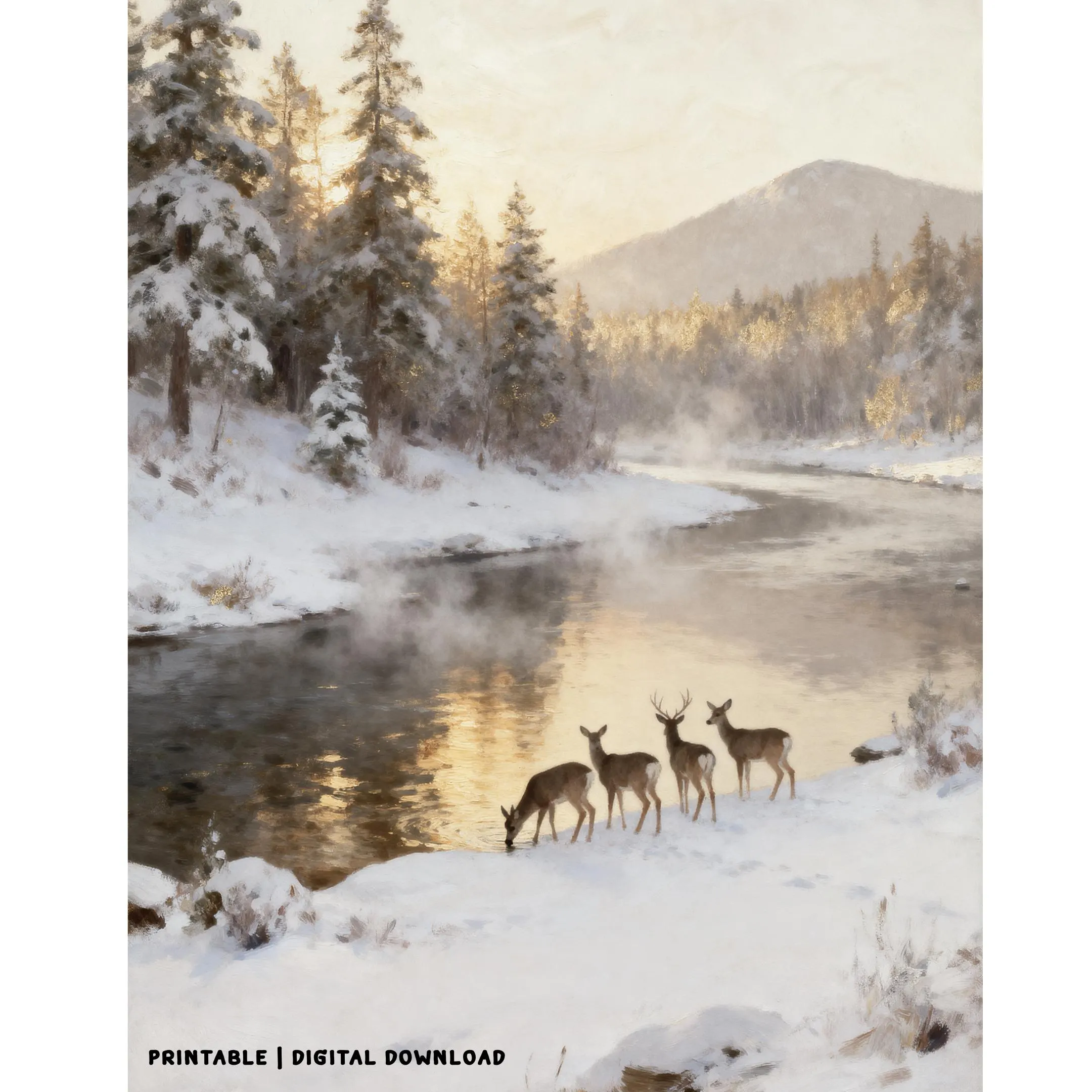 Winter Deer Printable Wall Art, Snowy River Landscape, Rustic Woodland Decor Digital Download - image 5