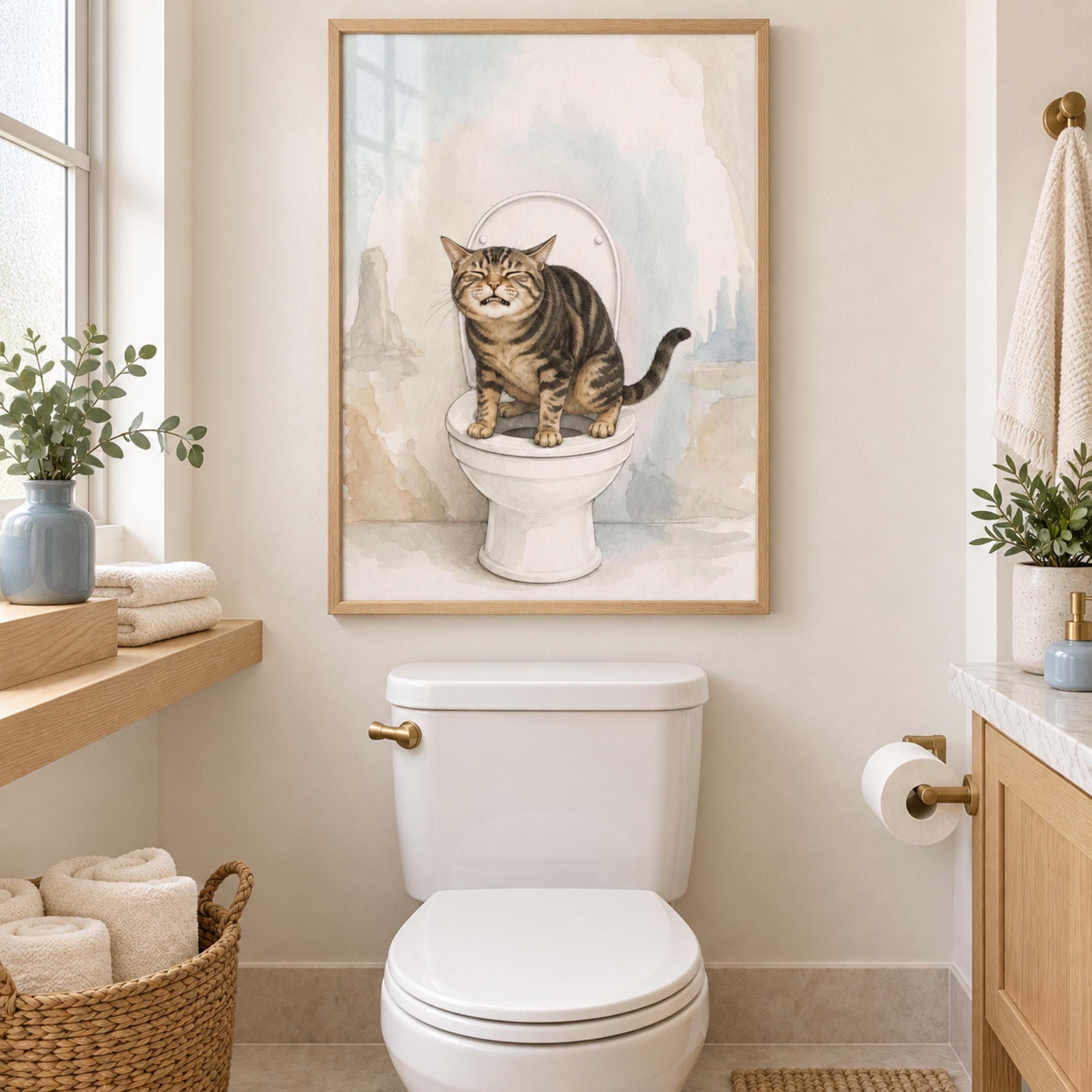 Funny Cat Bathroom Wall Art, Tabby Cat Toilet Print, Watercolor Style Decor Digital Download - image 3