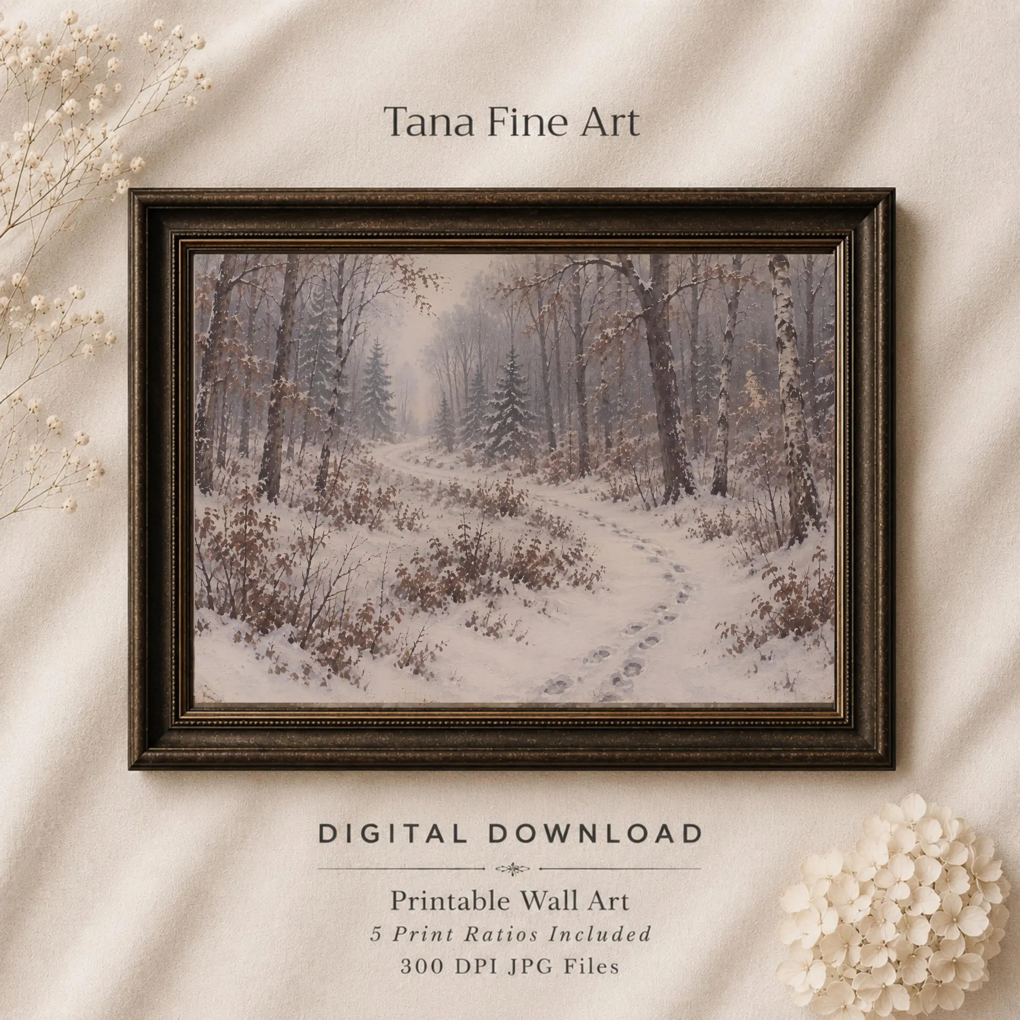 Winter Forest Path Printable Wall Art, Snowy Woodland Landscape, Cottagecore Decor Digital Download