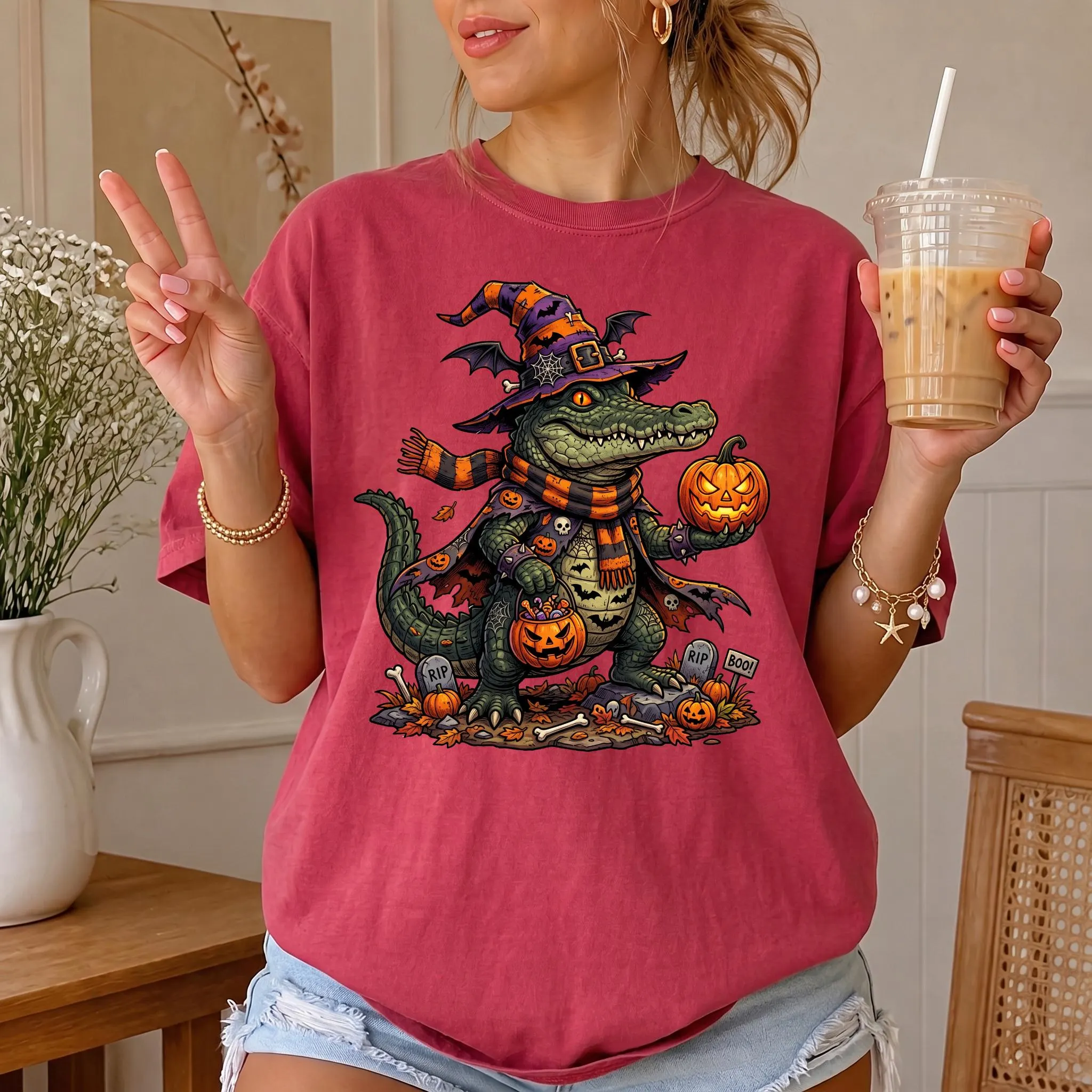 Comfort Colors Alligator Halloween Shirt, Spooky Witch Hat Tee, Jack O Lantern Scarf Garment Dyed T-Shirt - image 3