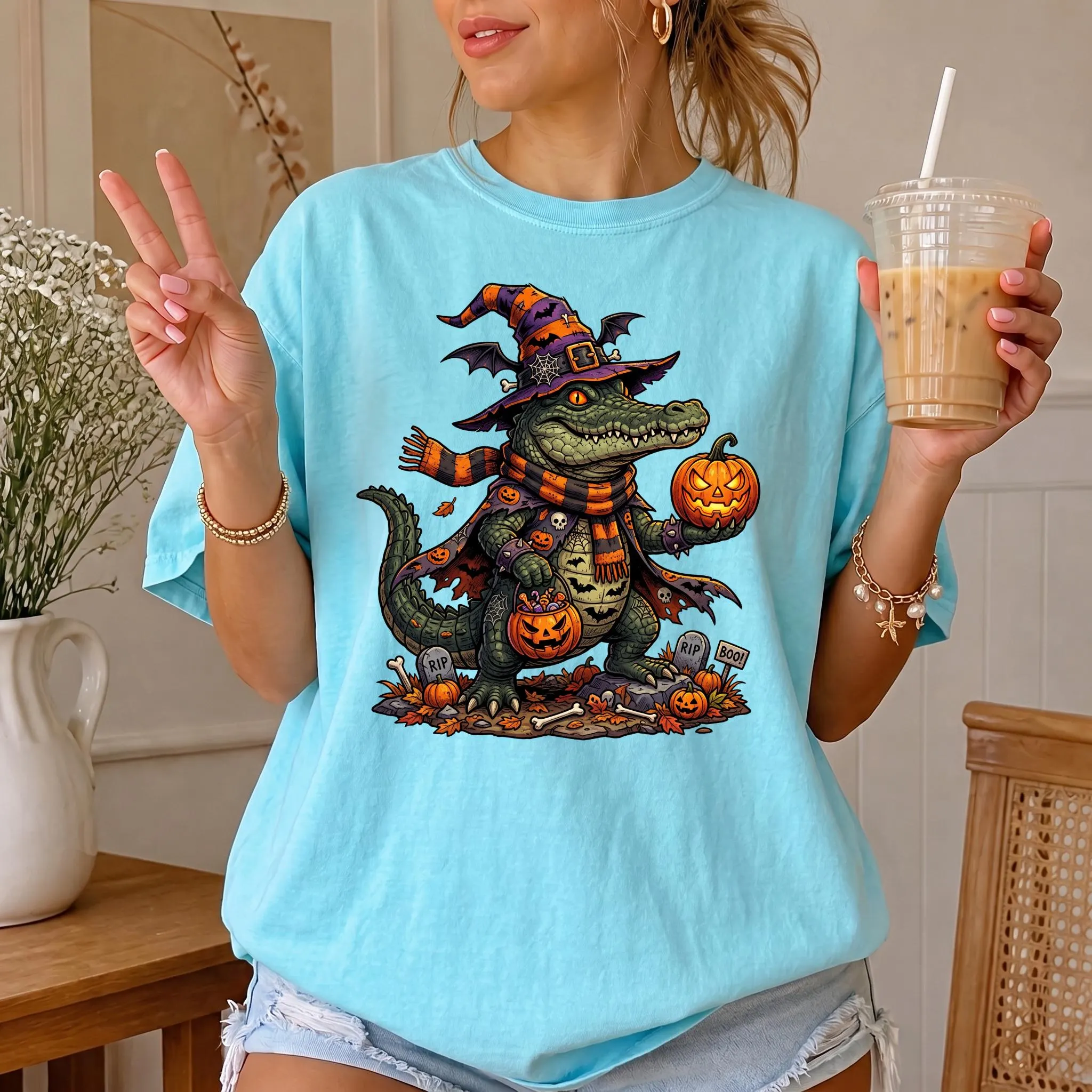 Comfort Colors Alligator Halloween Shirt, Spooky Witch Hat Tee, Jack O Lantern Scarf Garment Dyed T-Shirt - image 4
