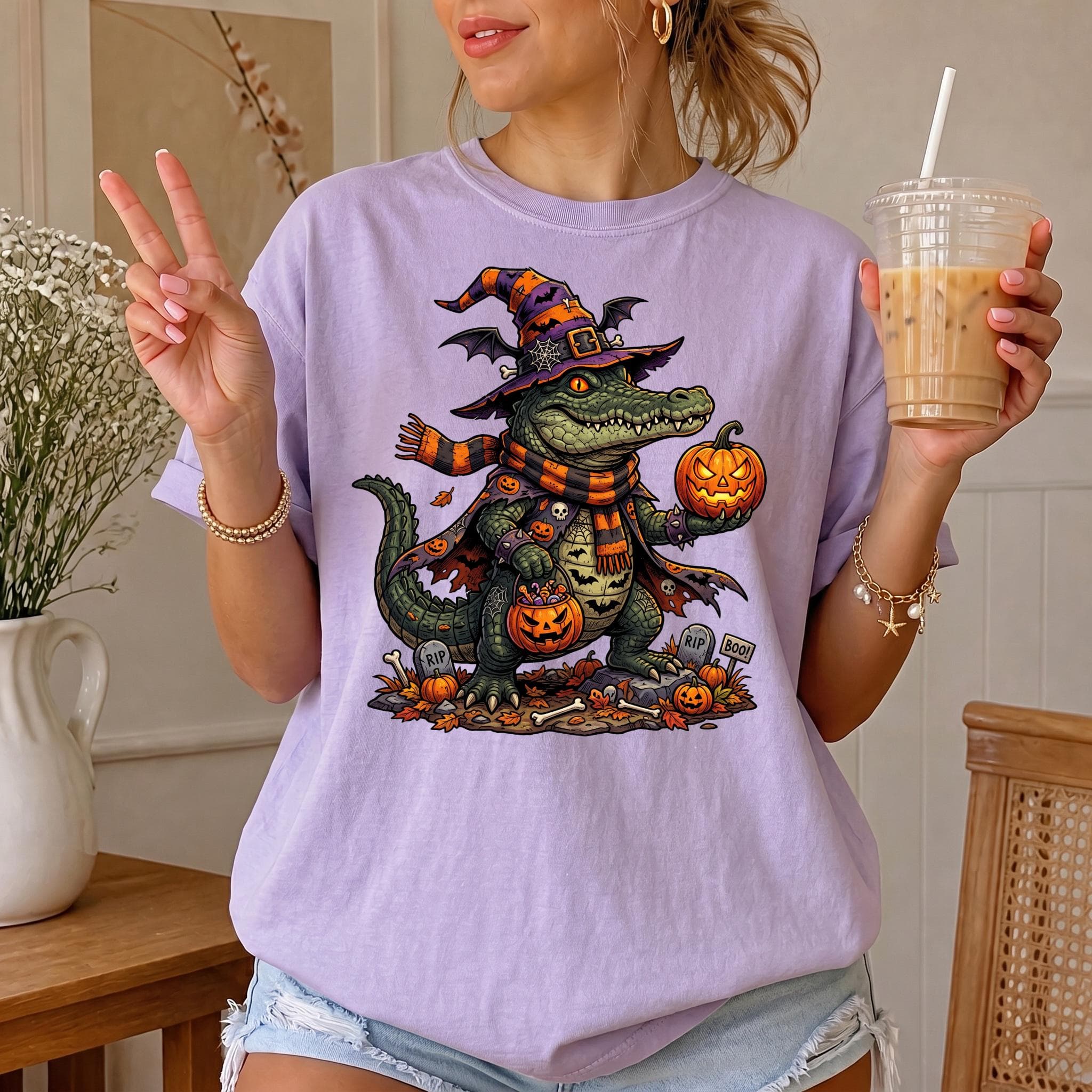 Comfort Colors Alligator Halloween Shirt, Spooky Witch Hat Tee, Jack O Lantern Scarf Garment Dyed T-Shirt - image 5