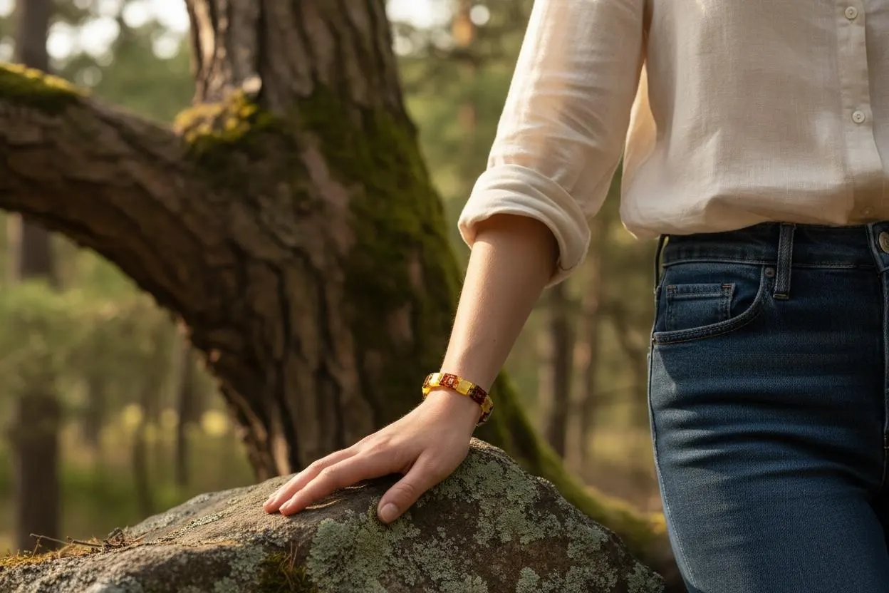 Handmade Raw Amber Bracelet – Genuine Baltic Amber Beads, Elastic Fit, Cognac & Lemon - image 4