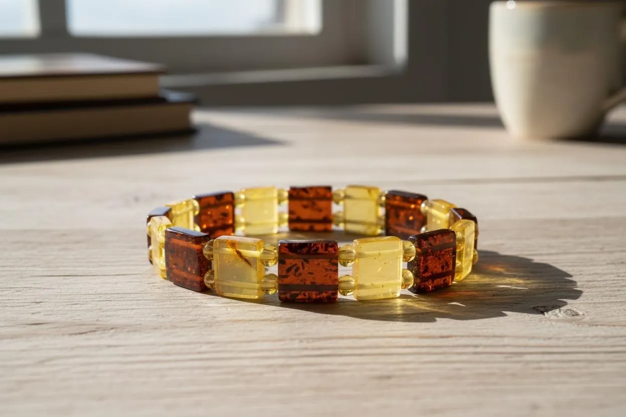 Handmade Raw Amber Bracelet – Genuine Baltic Amber Beads, Elastic Fit, Cognac & Lemon
