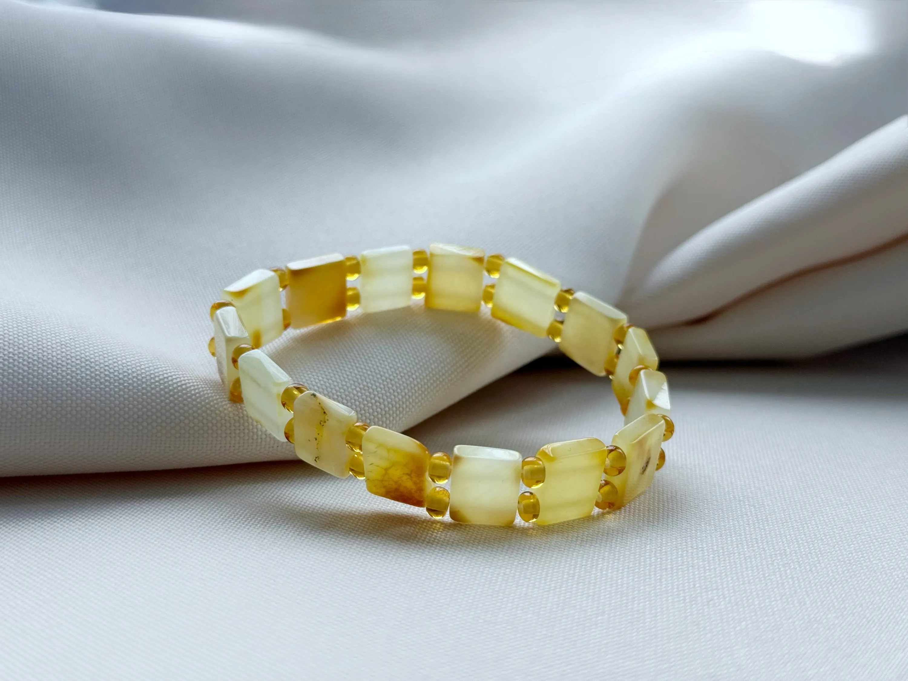 Natural Amber Bracelet: Stretch Wristwear, Square Beads, Minimalist Arm Jewelry, Gift for Her