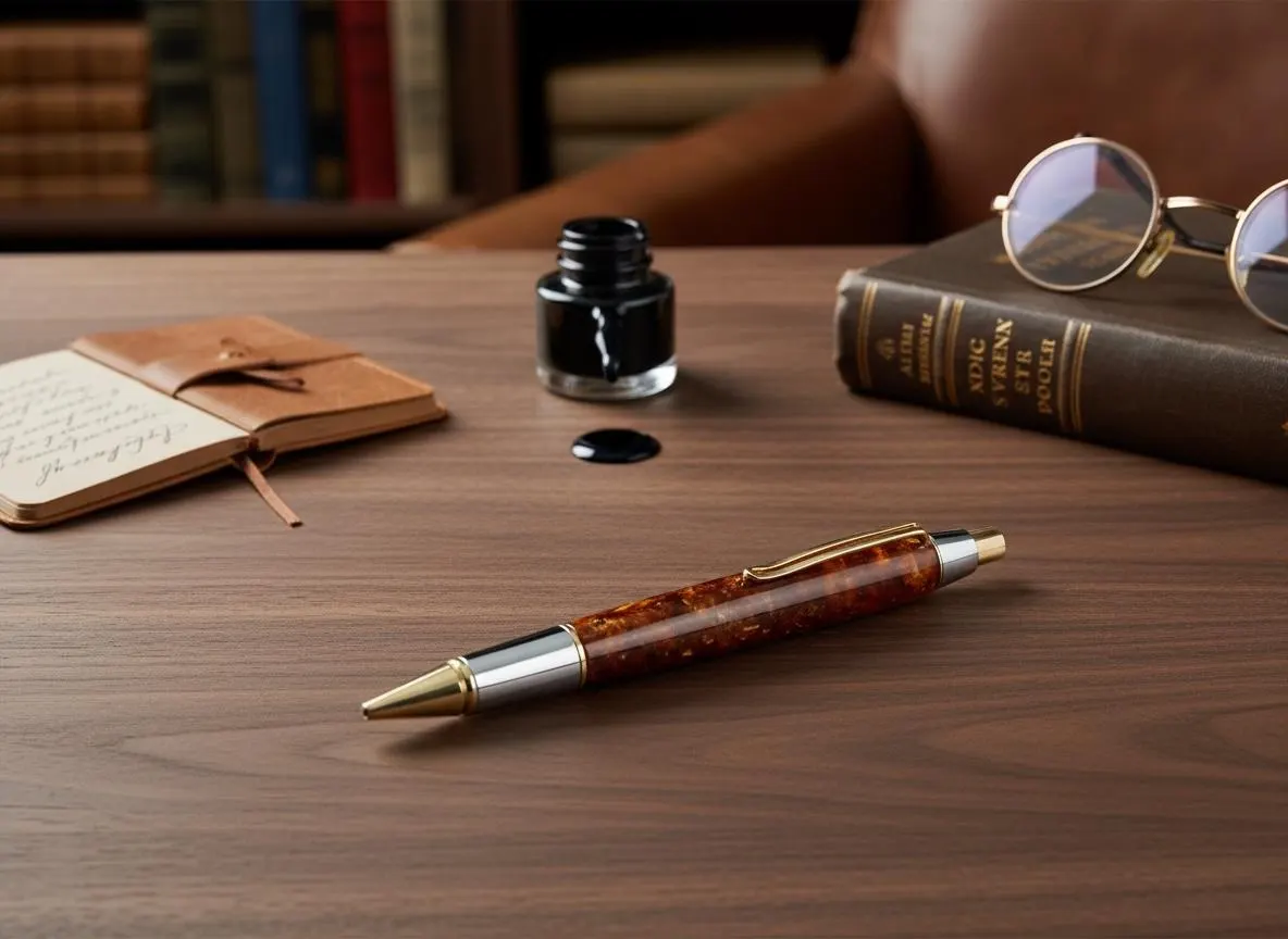 Pressed Amber Ballpoint Pen: Handmade Refillable Writing Pen, Luxury Office Accessory