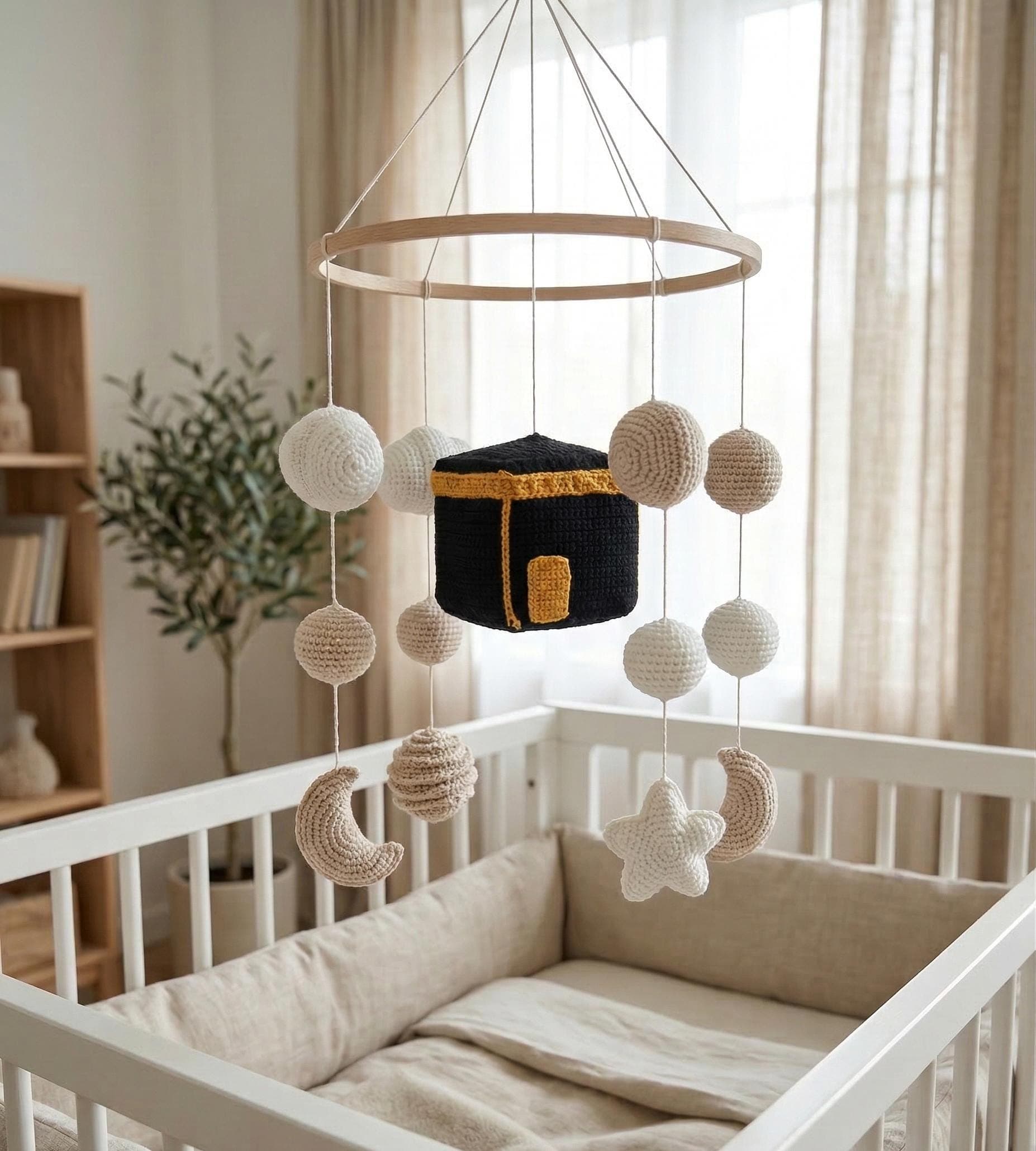 Islamic Kaaba Baby Mobile, Felt Clouds Stars Crib Decor, Neutral Nursery Gift - image 3