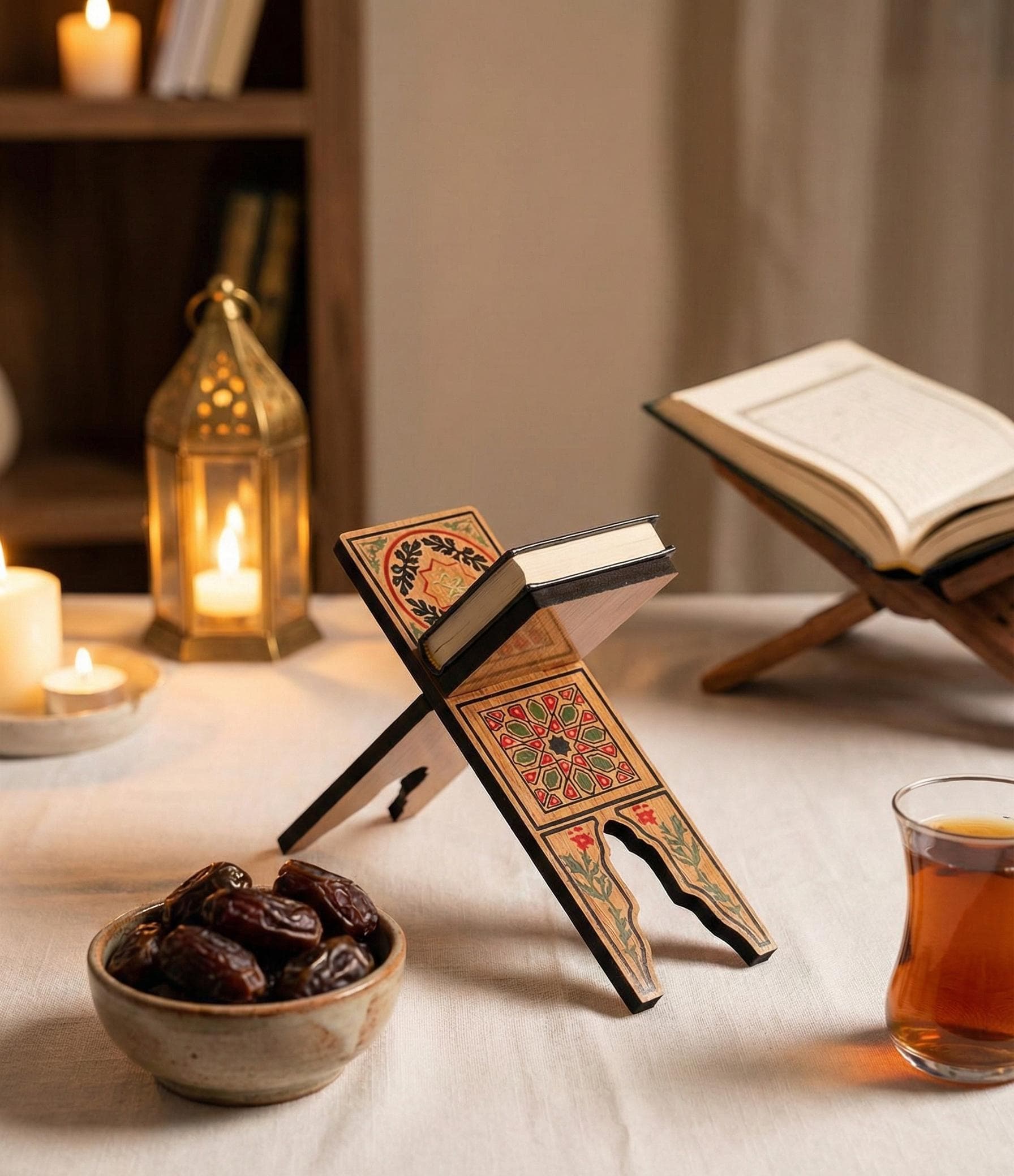 Mini Wooden Quran Stand – Islamic Rahle with Allah & Prophet Names, Eid Gift