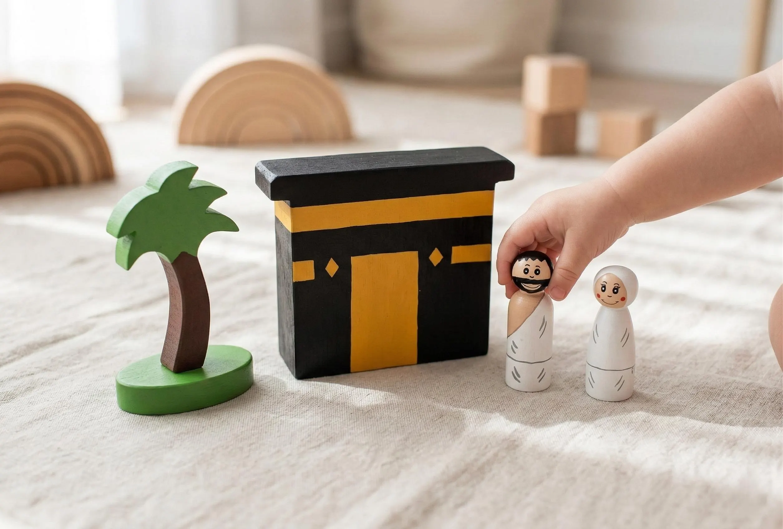 Montessori Wooden Kaaba & Hajj Pilgrim Dolls – Islamic Learning Play Set