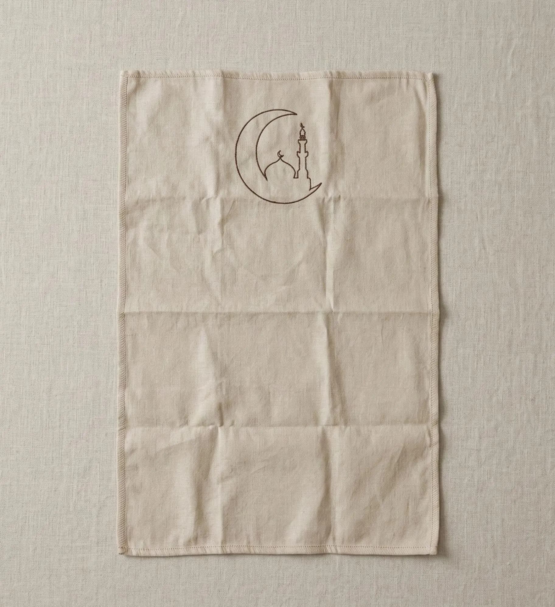 Minimal Linen Kids Prayer Mat | Embroidered Crescent Moon, Mosque (50x80cm) - image 2