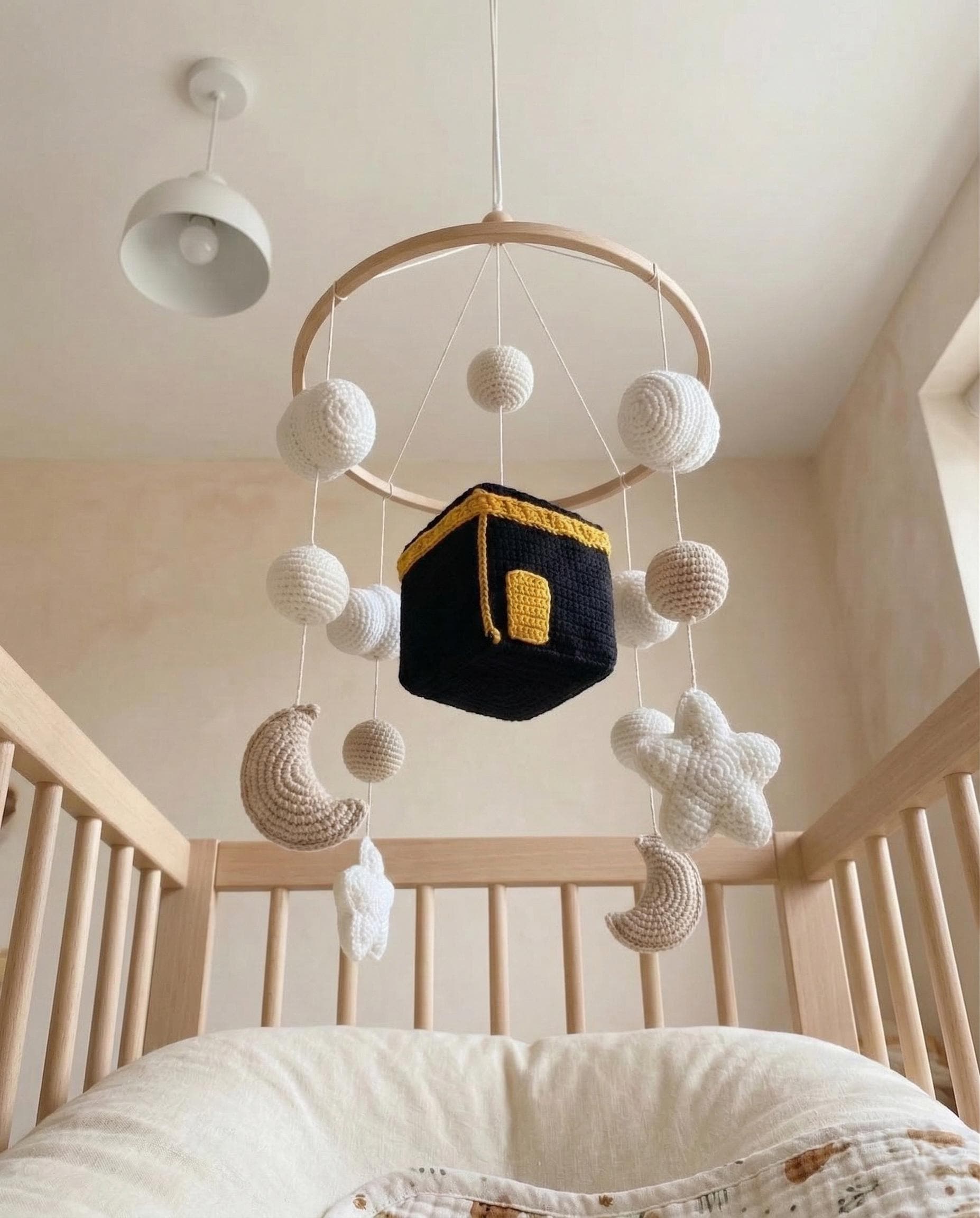 Islamic Kaaba Baby Mobile, Felt Clouds Stars Crib Decor, Neutral Nursery Gift