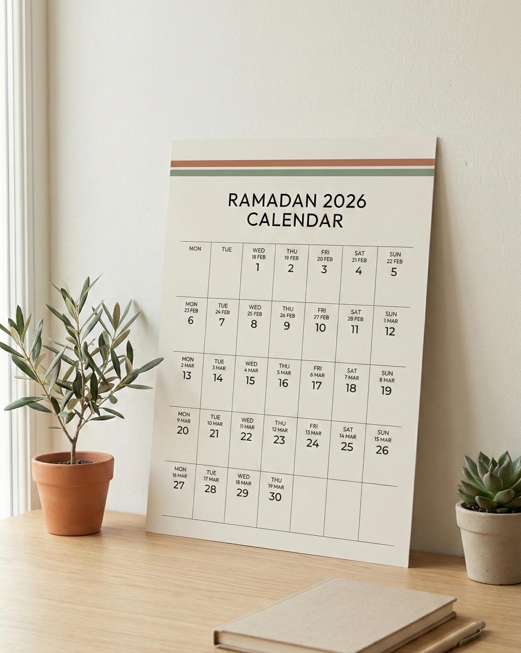 Minimalist Ramadan 2026 Calendar Printable | Islamic Home Decor (A4)