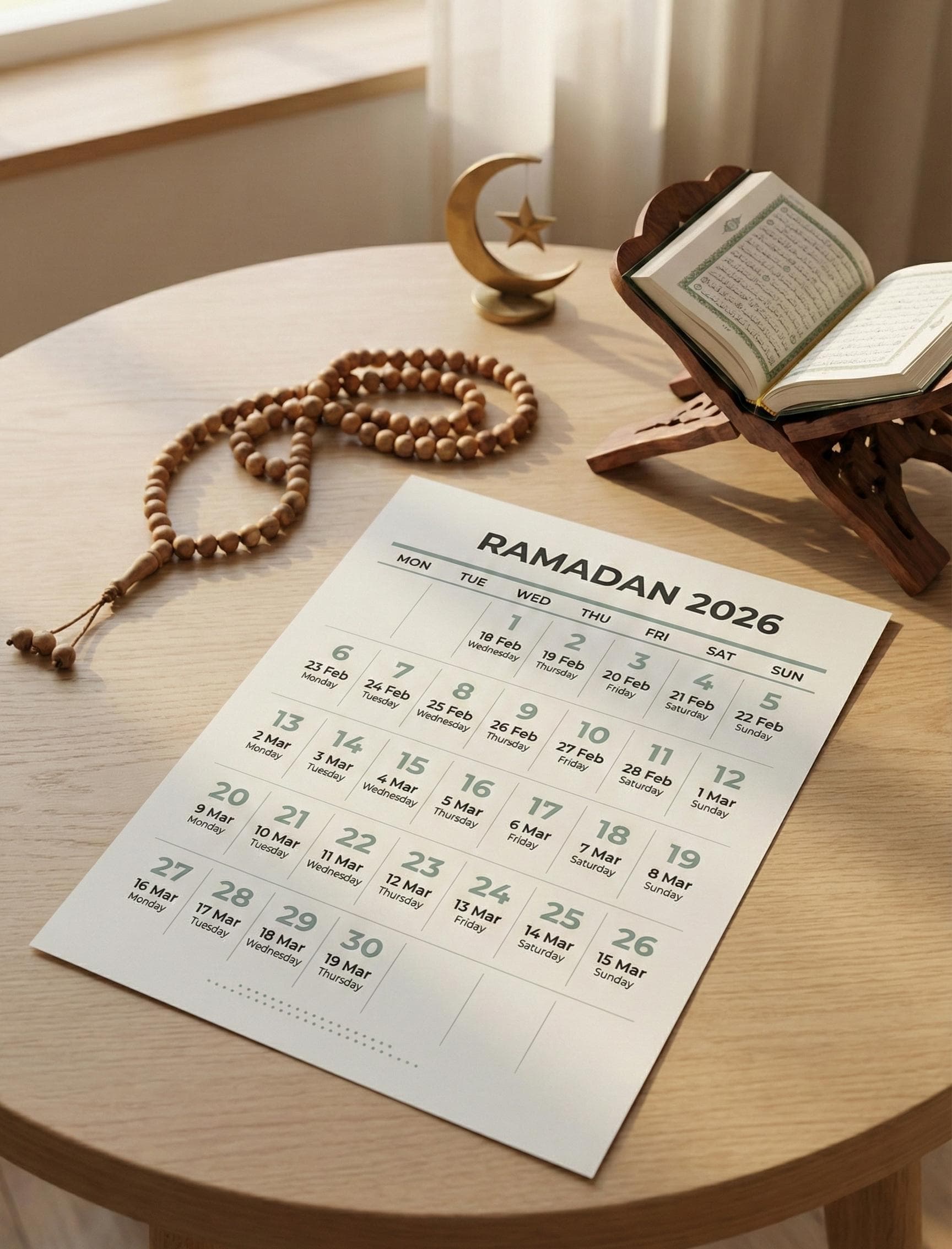 Ramadan 2026 Calendar Printable | Modern Minimal Islamic Wall Calendar | Scandinavian Design | A4 Printable | 18 Feb – 19 Mar
