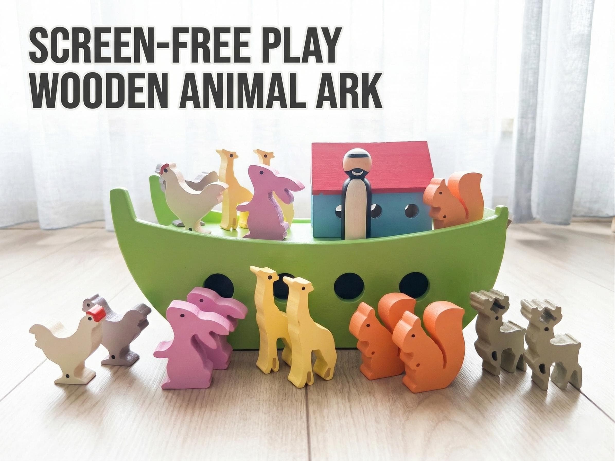 Wooden Noahs Ark Toy: Montessori Animal Set, Toddler Learning Waldorf Toy - image 3