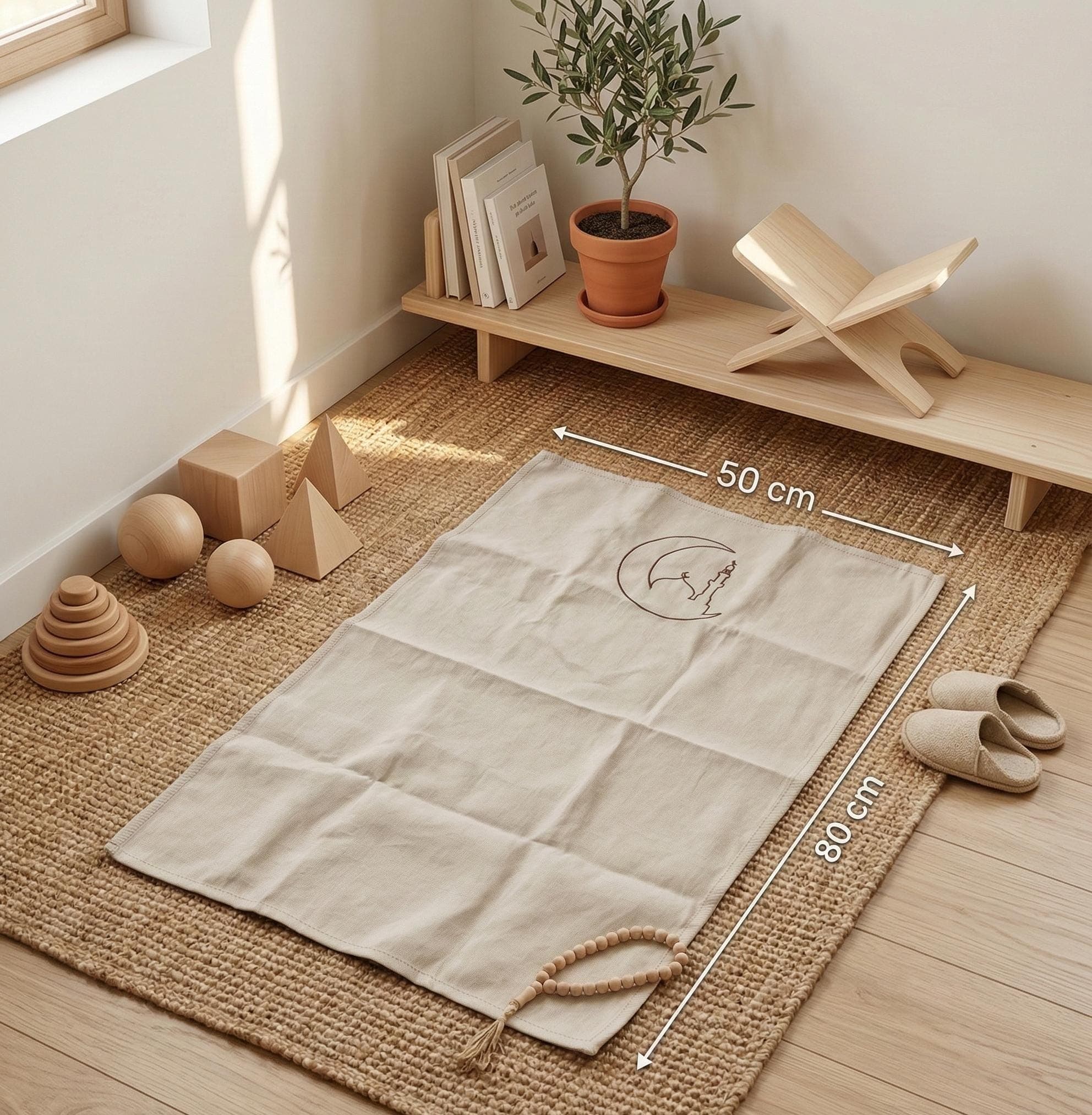Minimal Linen Kids Prayer Mat 50x80cm – Embroidered Islamic Children Rug – Ramadan Eid Decor