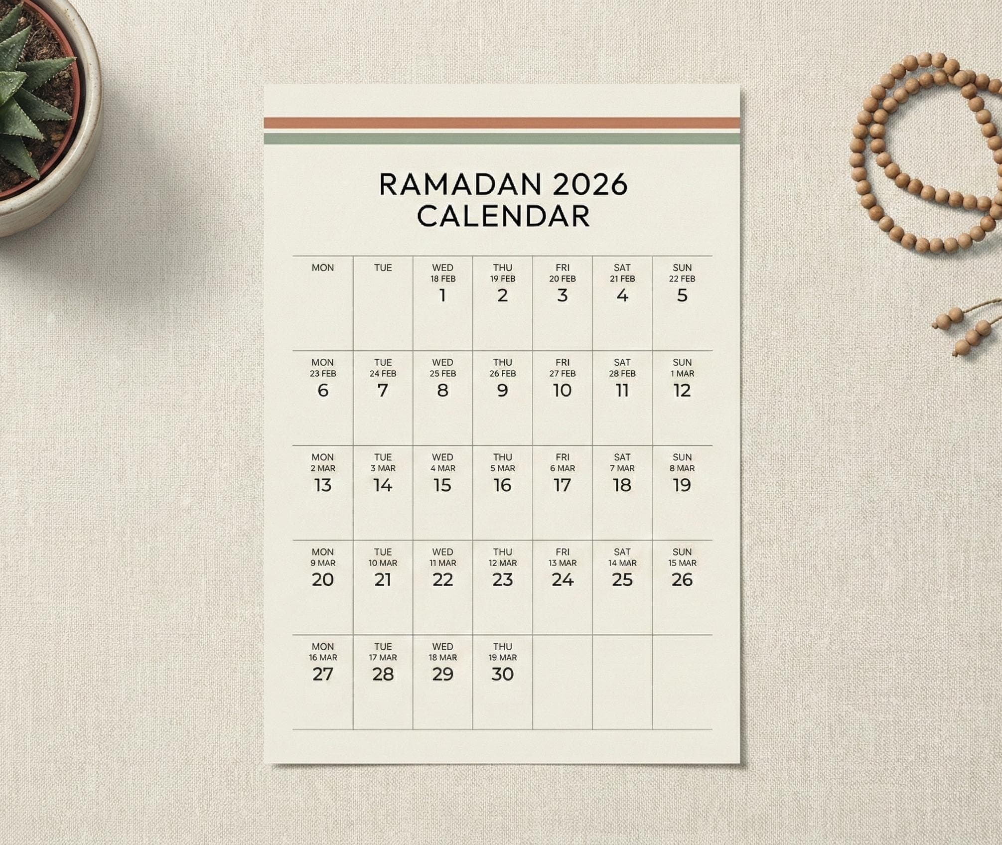 Minimalist Ramadan 2026 Calendar Printable | Islamic Home Decor (A4) - image 4