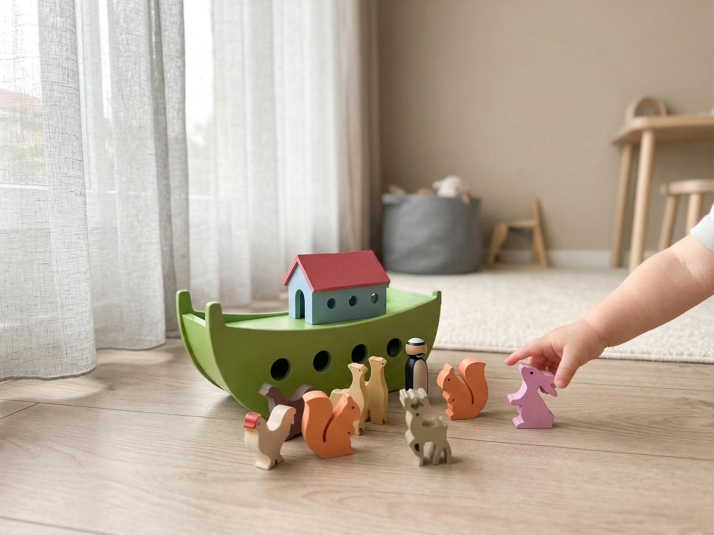 Wooden Noahs Ark Toy: Montessori Animal Set, Toddler Learning Waldorf Toy