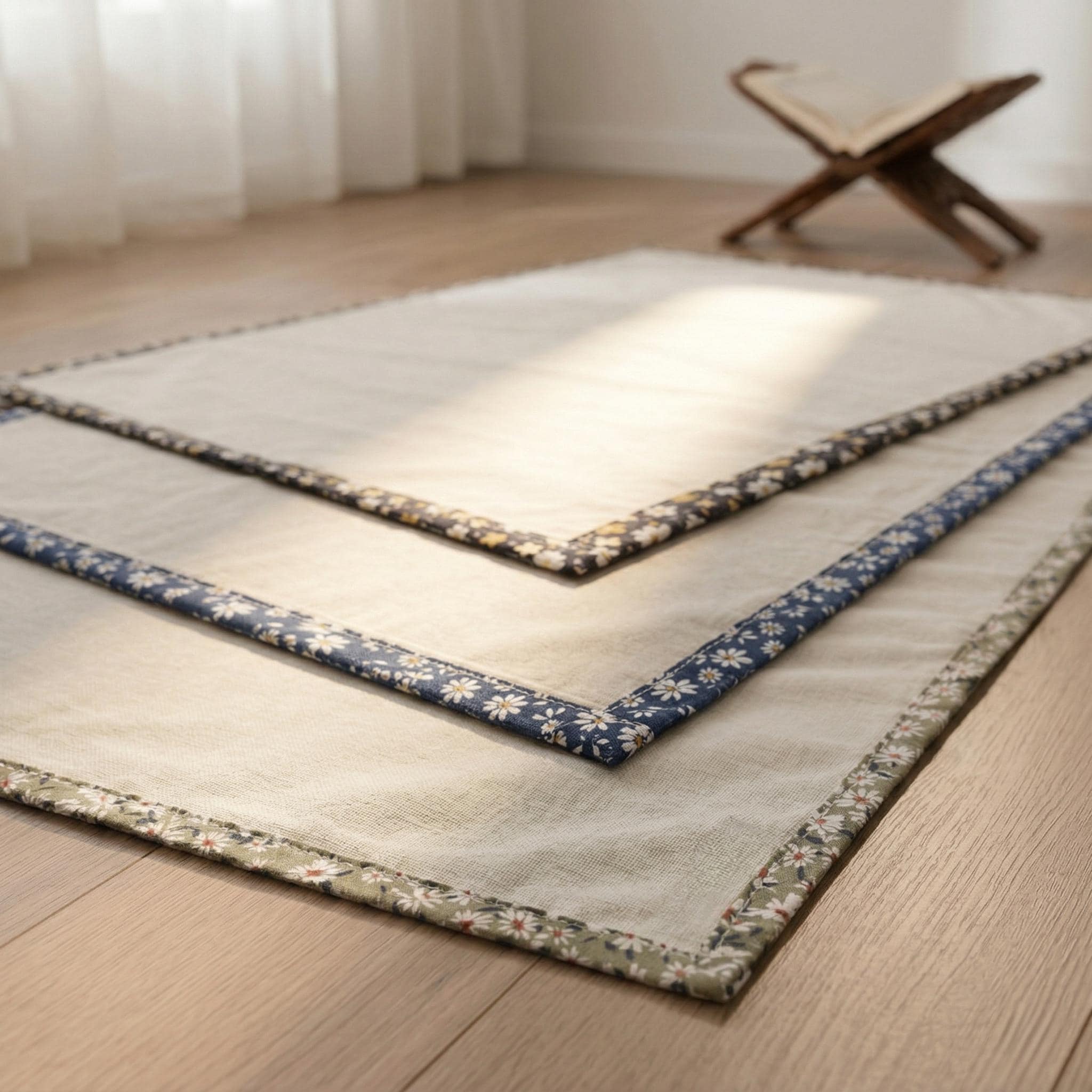 Minimalist Linen Prayer Mat, Daisy Floral Edge Sejjadah, Compact Travel Rug (70x110 cm)