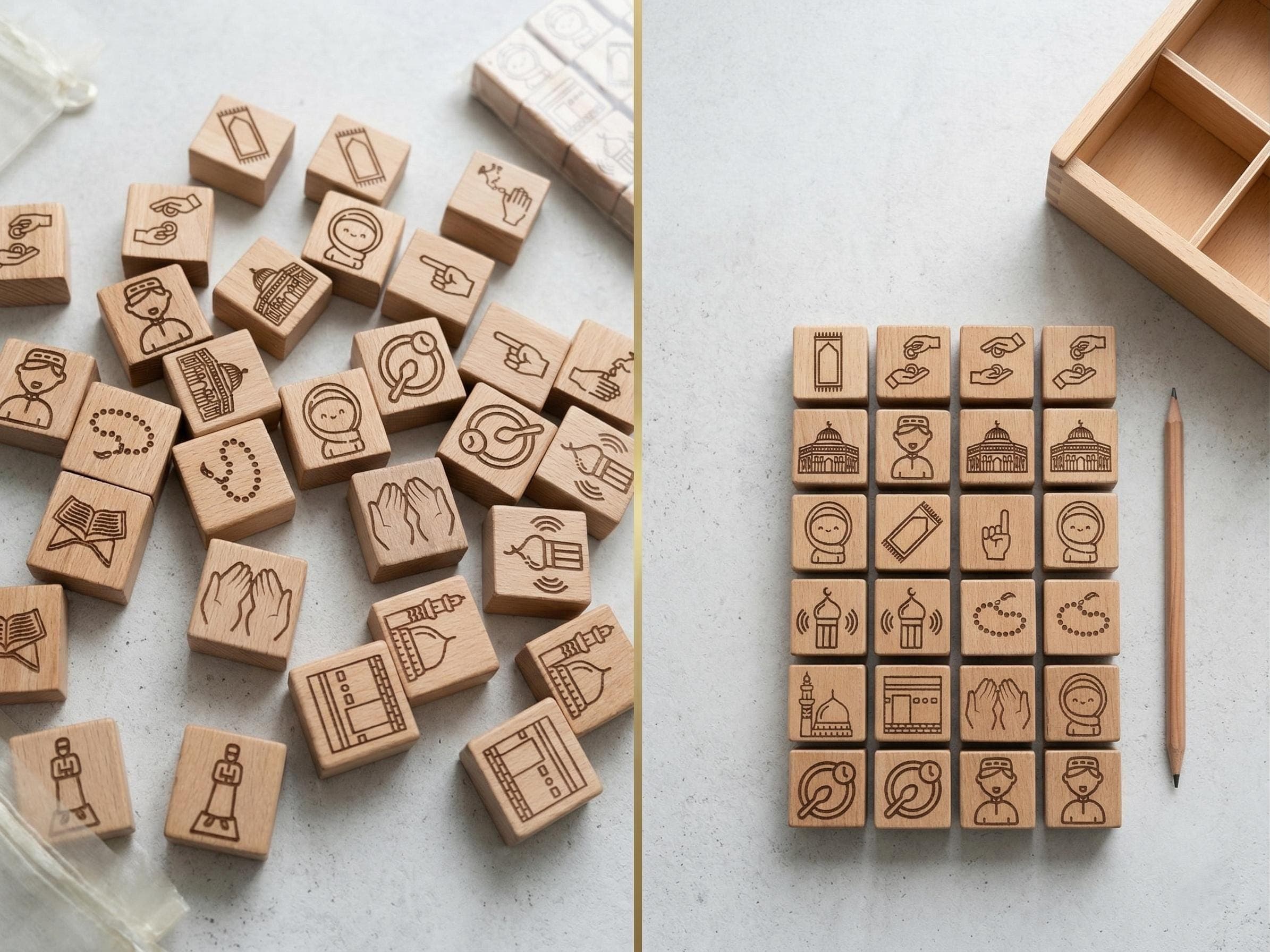 Montessori Islamic Wooden Matching Game, Muslim Kids Learning Puzzle, Quran Mosque Kaaba Shapes - image 5