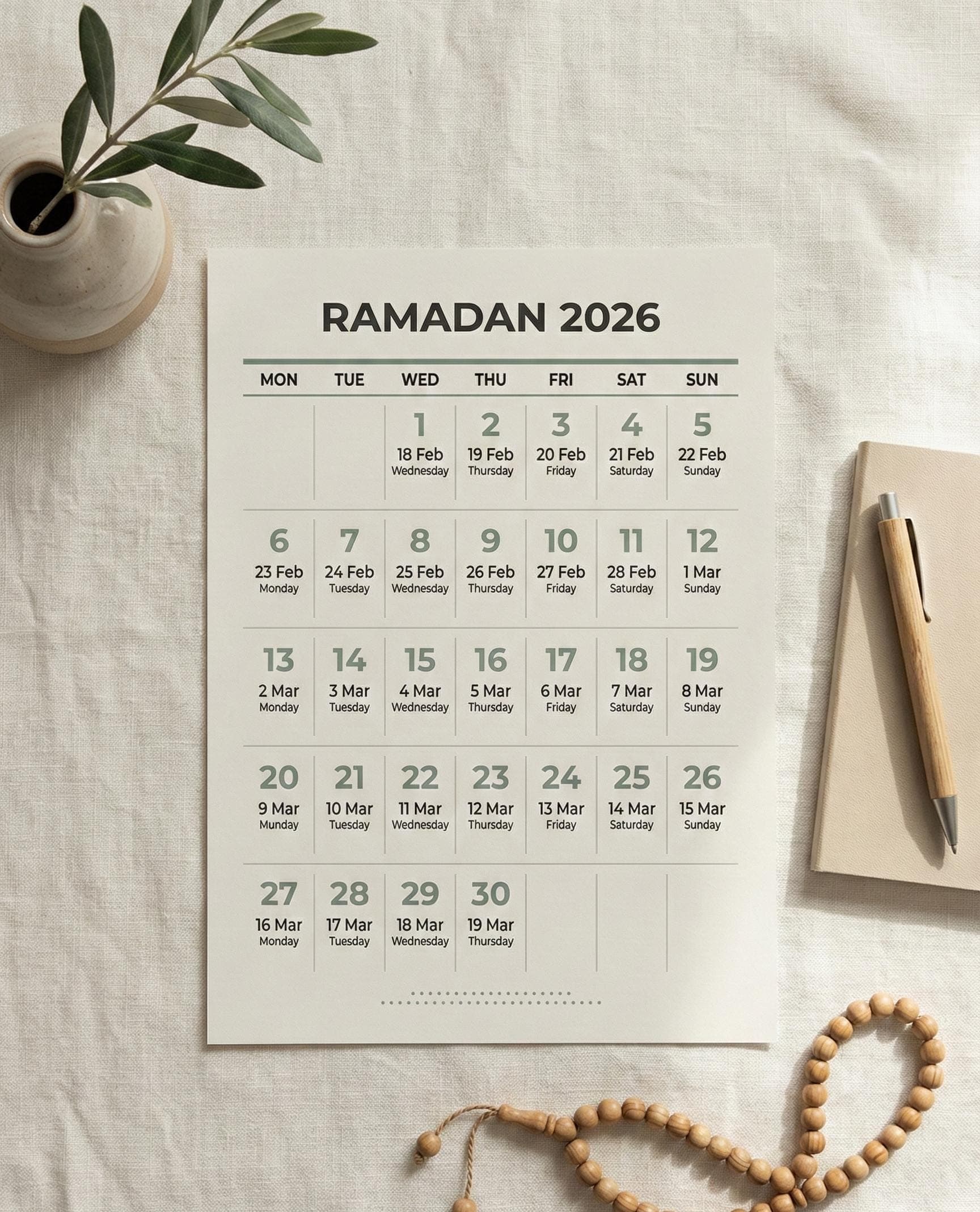 Ramadan 2026 Calendar Printable | Modern Minimal Islamic Wall Calendar | Scandinavian Design | A4 Printable | 18 Feb – 19 Mar - image 3