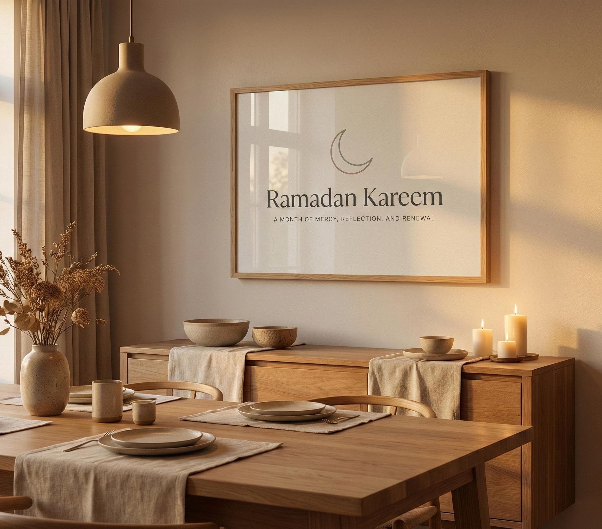 Ramadan Kareem Wall Art | Minimalist Ramadan Greeting Printable | Crescent Moon Islamic Decor | Neutral Muslim Art A4 A3