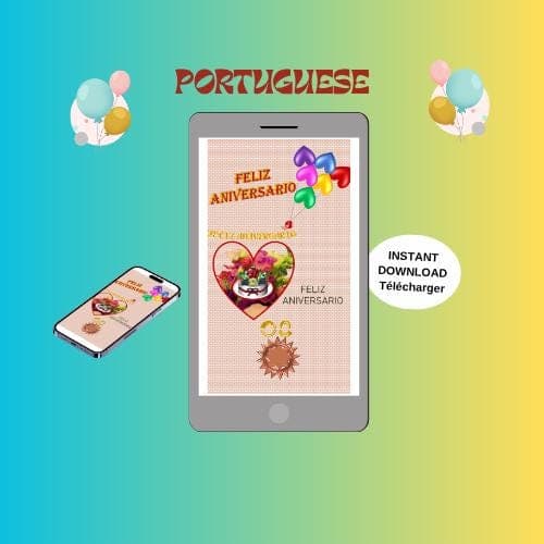 Animated Birthday Video Card -Portuguese Mobile E-card (MP4, PNG, PDF, GIF Digital Download)