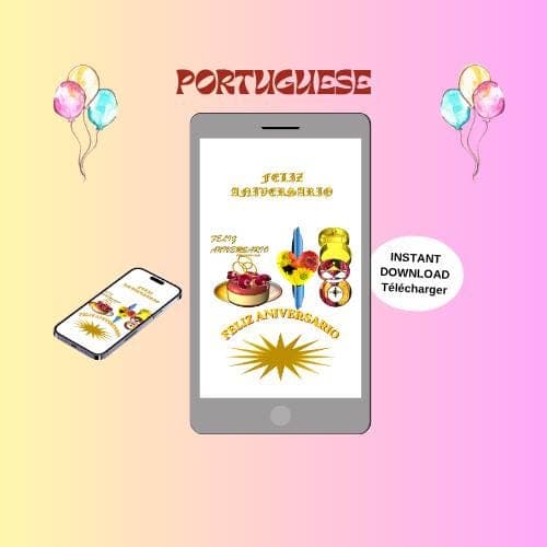 Animated Birthday Video Card -Portuguese Mobile E-card (MP4, PNG, PDF, GIF Digital Download)