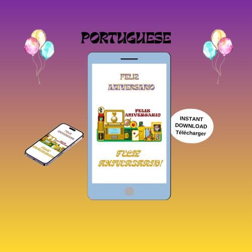 Animated Birthday Video Card -Portuguese Mobile E-card (MP4, PNG, PDF, GIF Digital Download)