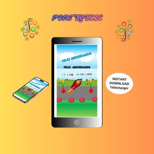 Animated Birthday Video Card -Portuguese Mobile E-card (MP4, PNG, PDF, GIF Digital Download)