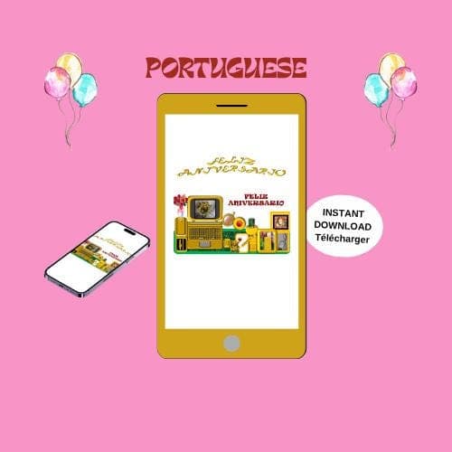Animated Birthday Video Card -Portuguese Mobile E-card (MP4, PNG, PDF, GIF Digital Download)