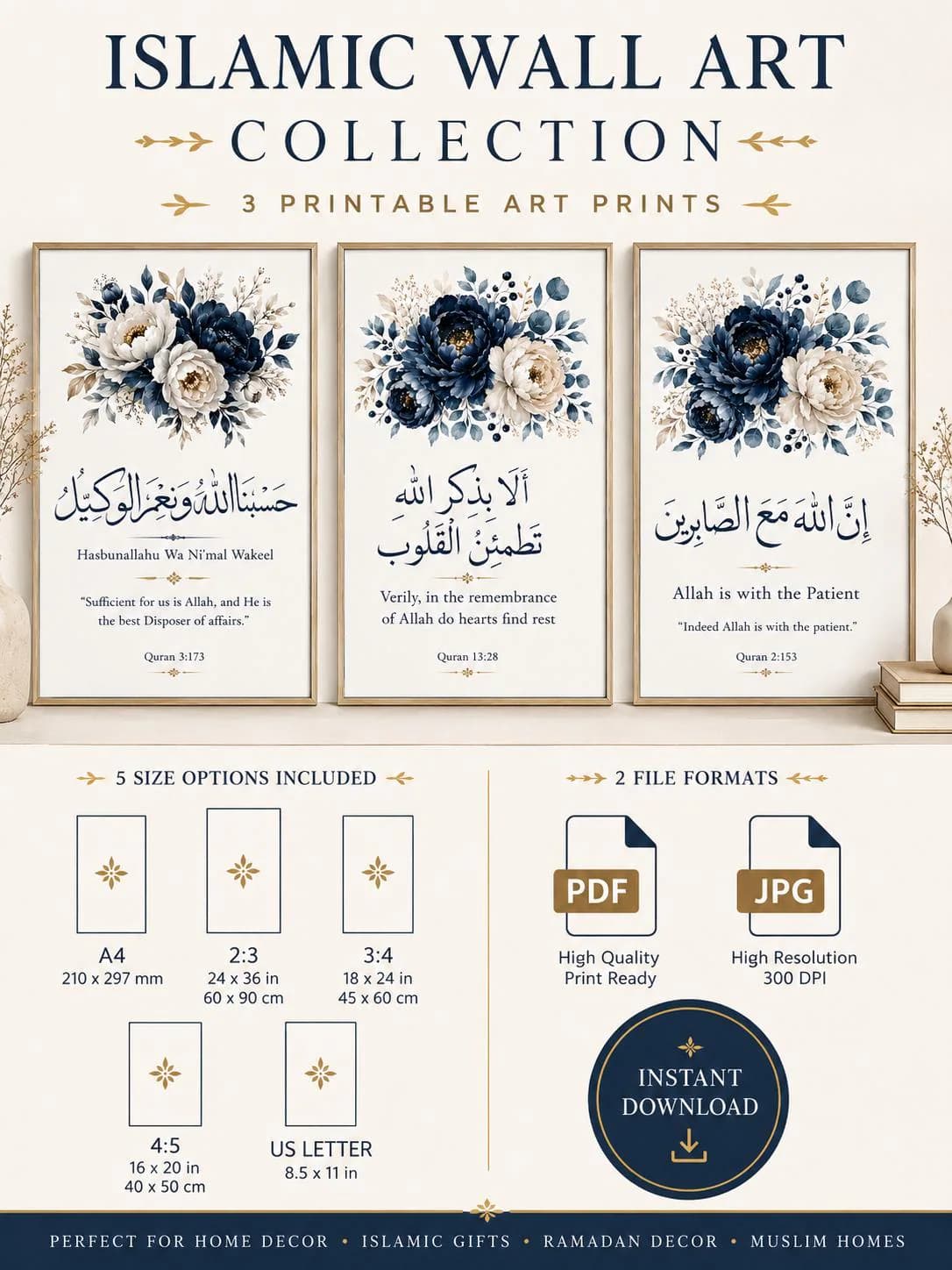 islamic wall art set of 3 printables navy and white botanicals digital download - image 2