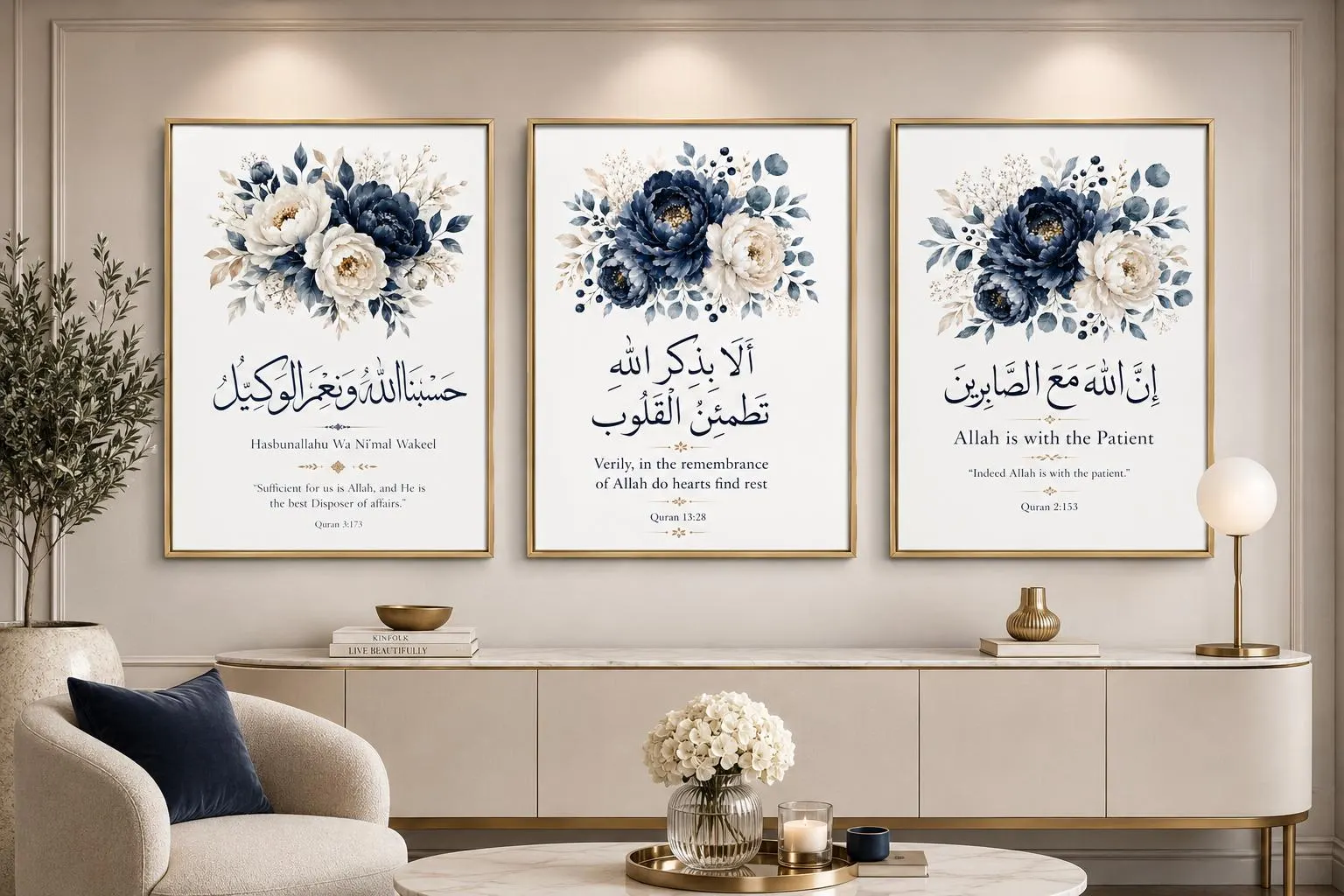 islamic wall art set of 3 printables navy and white botanicals digital download - image 3