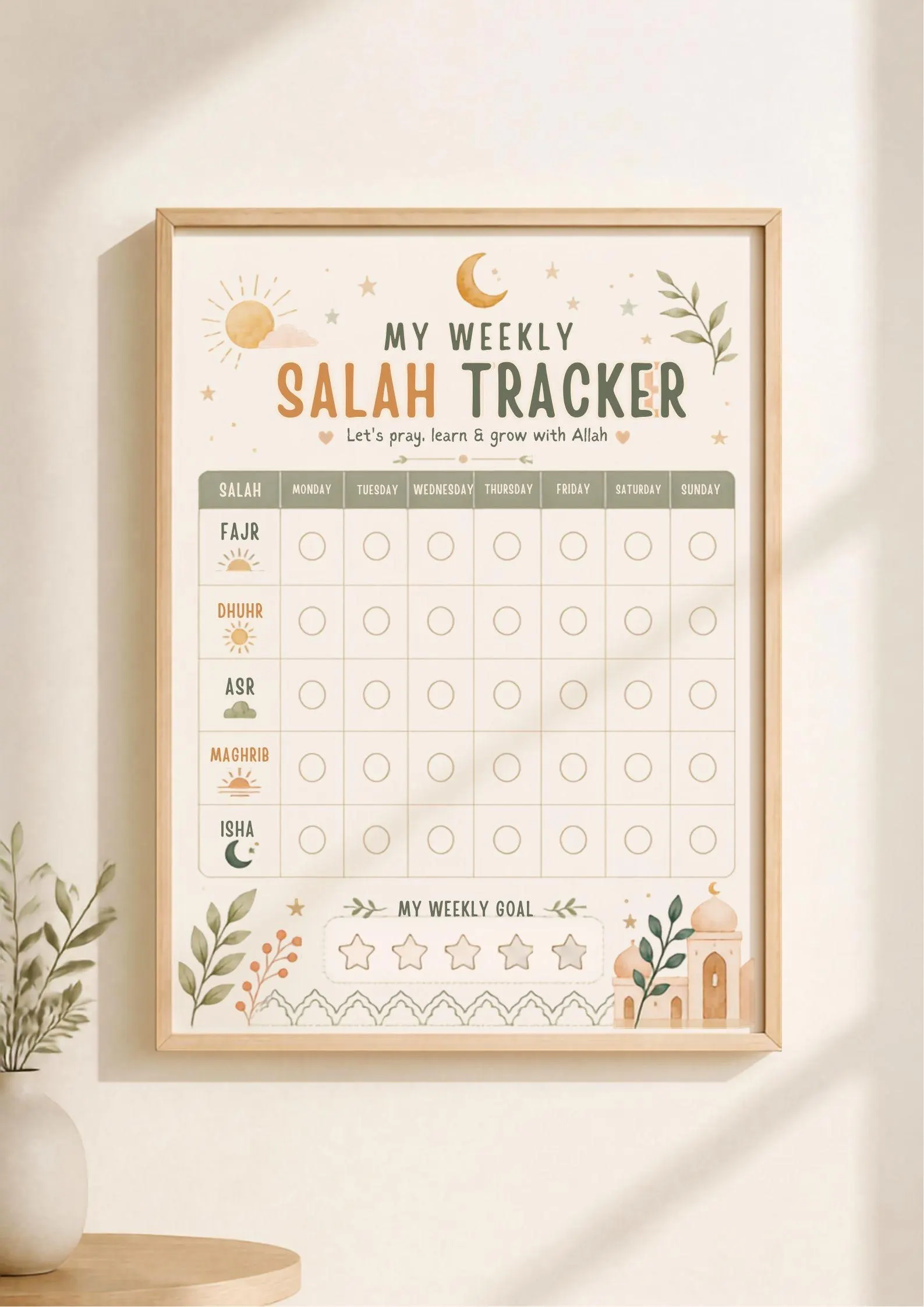 Boho Kawaii Weekly Salah Tracker for Kids (Digital Download)